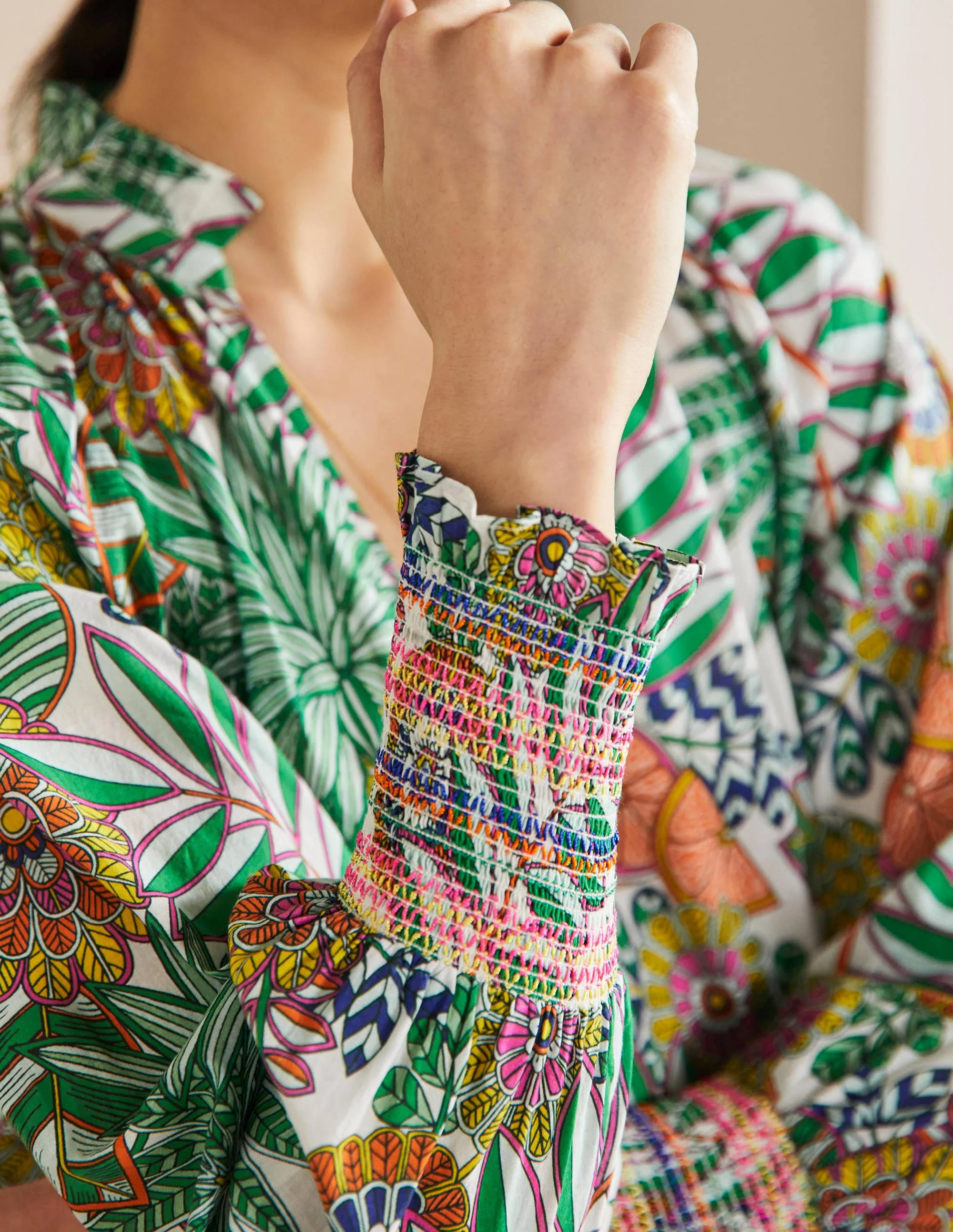 Smocked Cuff Printed Top-Ivory, Pineapple Bloom - Image 2