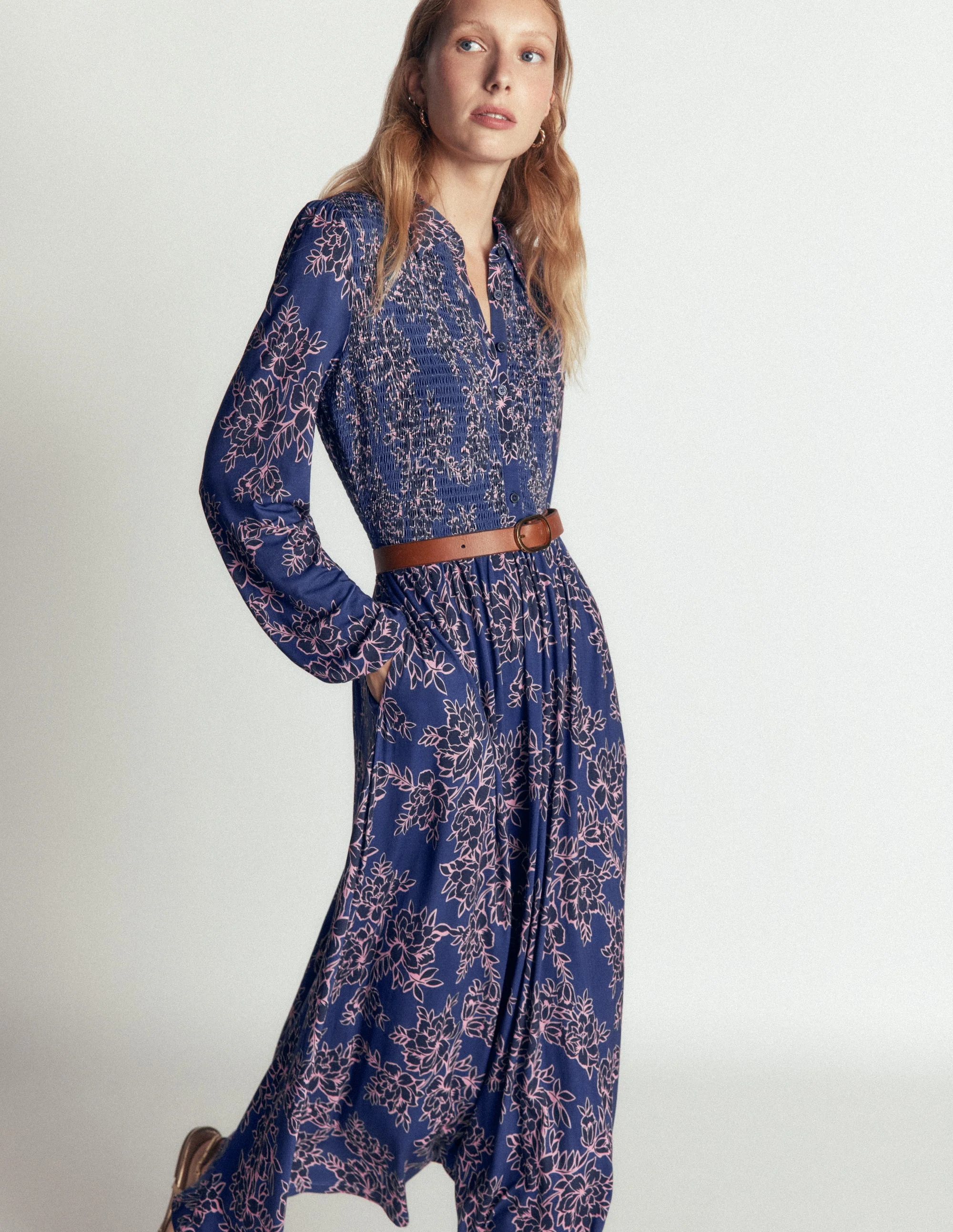 Smocked Jersey Dress-True Navy, Enchanted Peony
