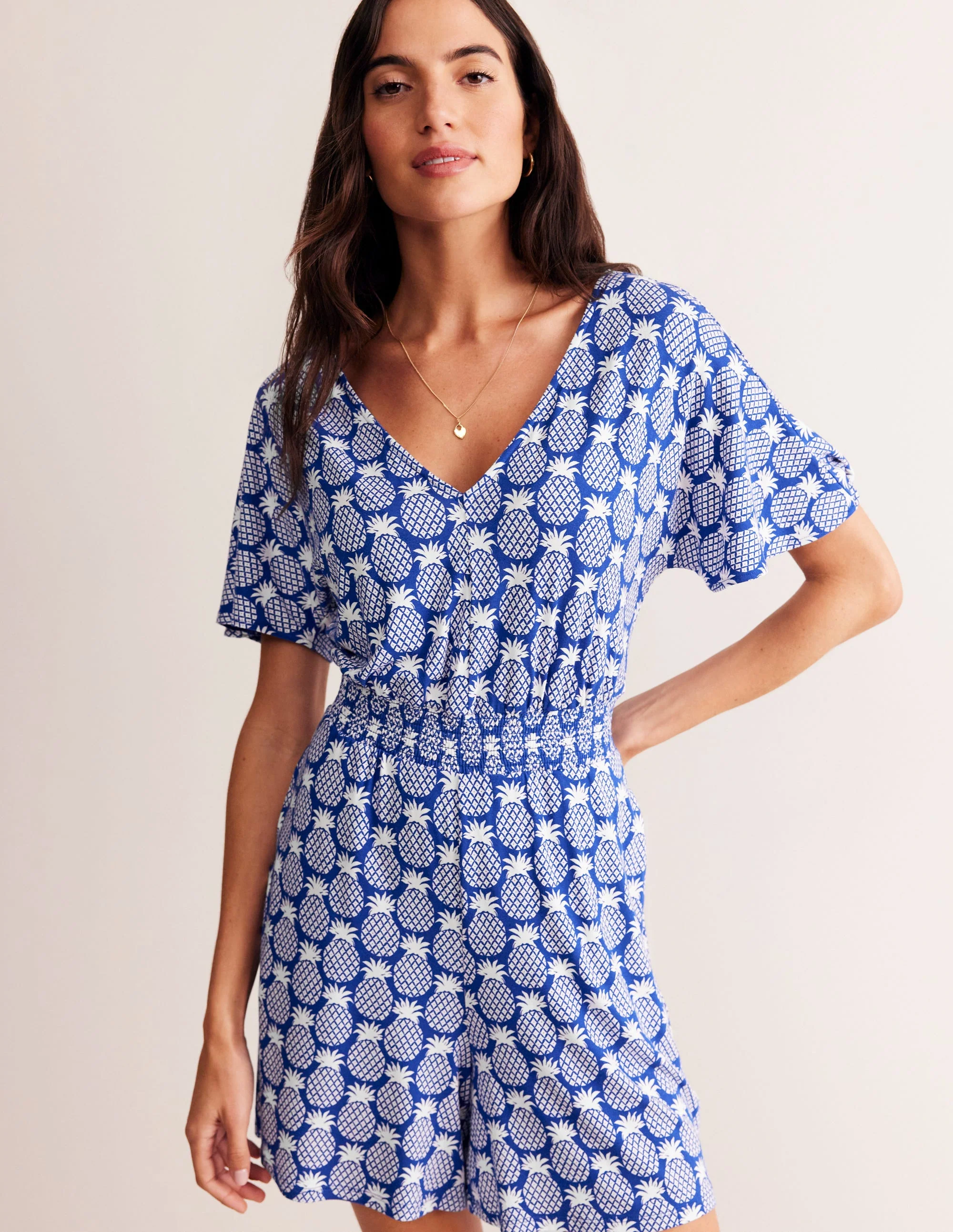 Smocked Jersey Playsuit-Surf the Web, Pineapple - Image 4