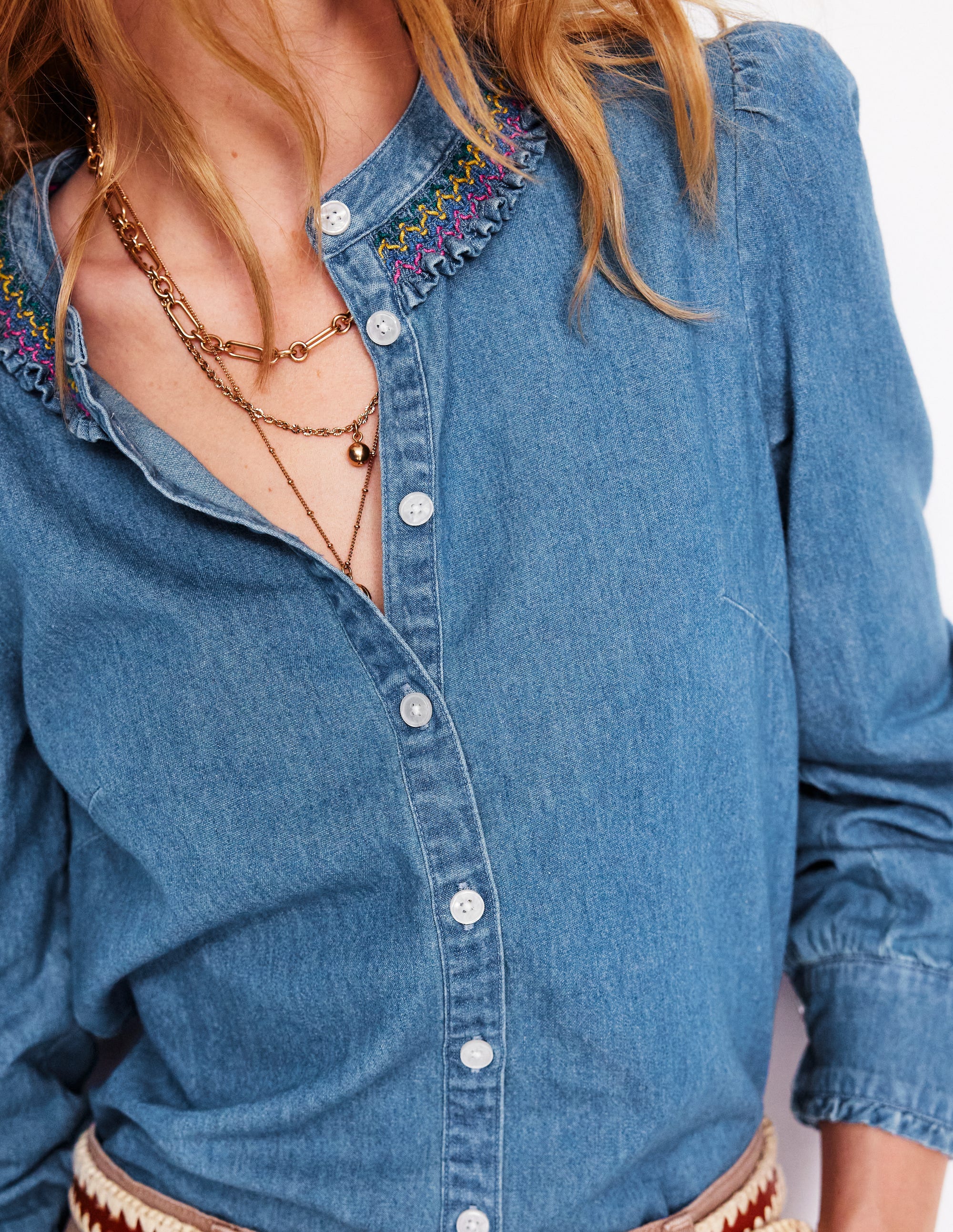 Smocked Neck Denim Shirt-Light Authentic - Image 3