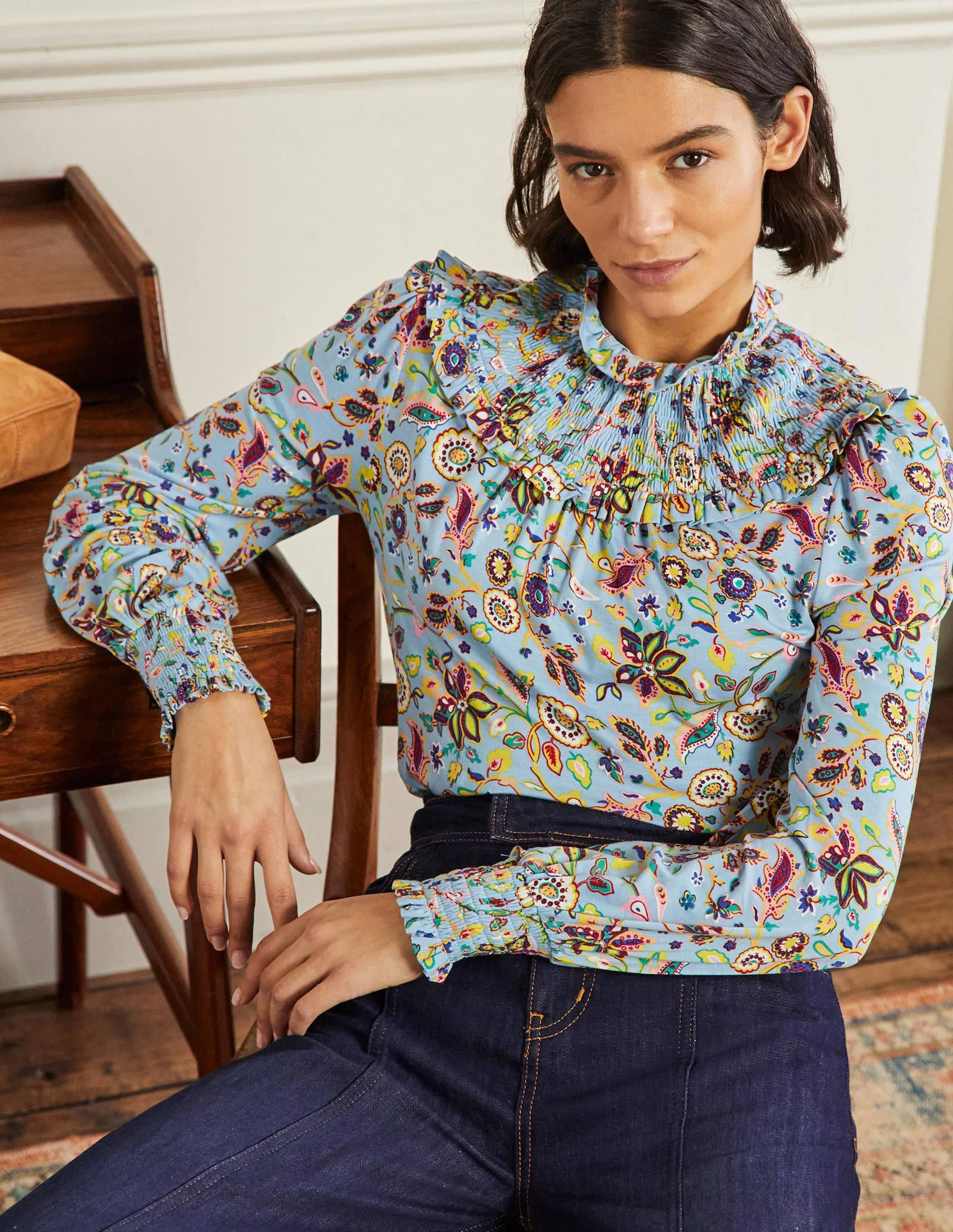 Smocked Neck Jersey Top-Dusty Blue, Opulent Paradise