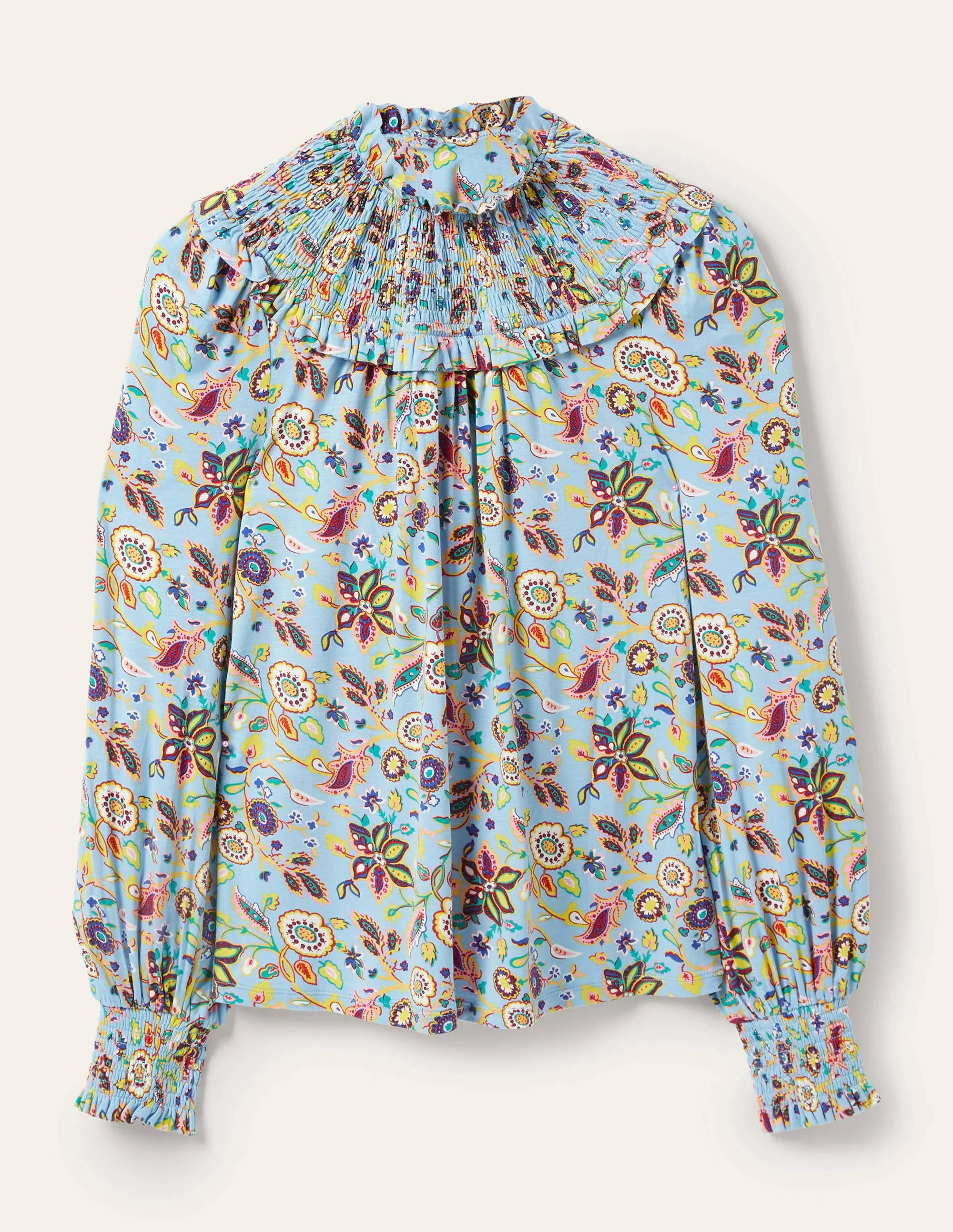 Smocked Neck Jersey Top-Dusty Blue, Opulent Paradise - Image 6