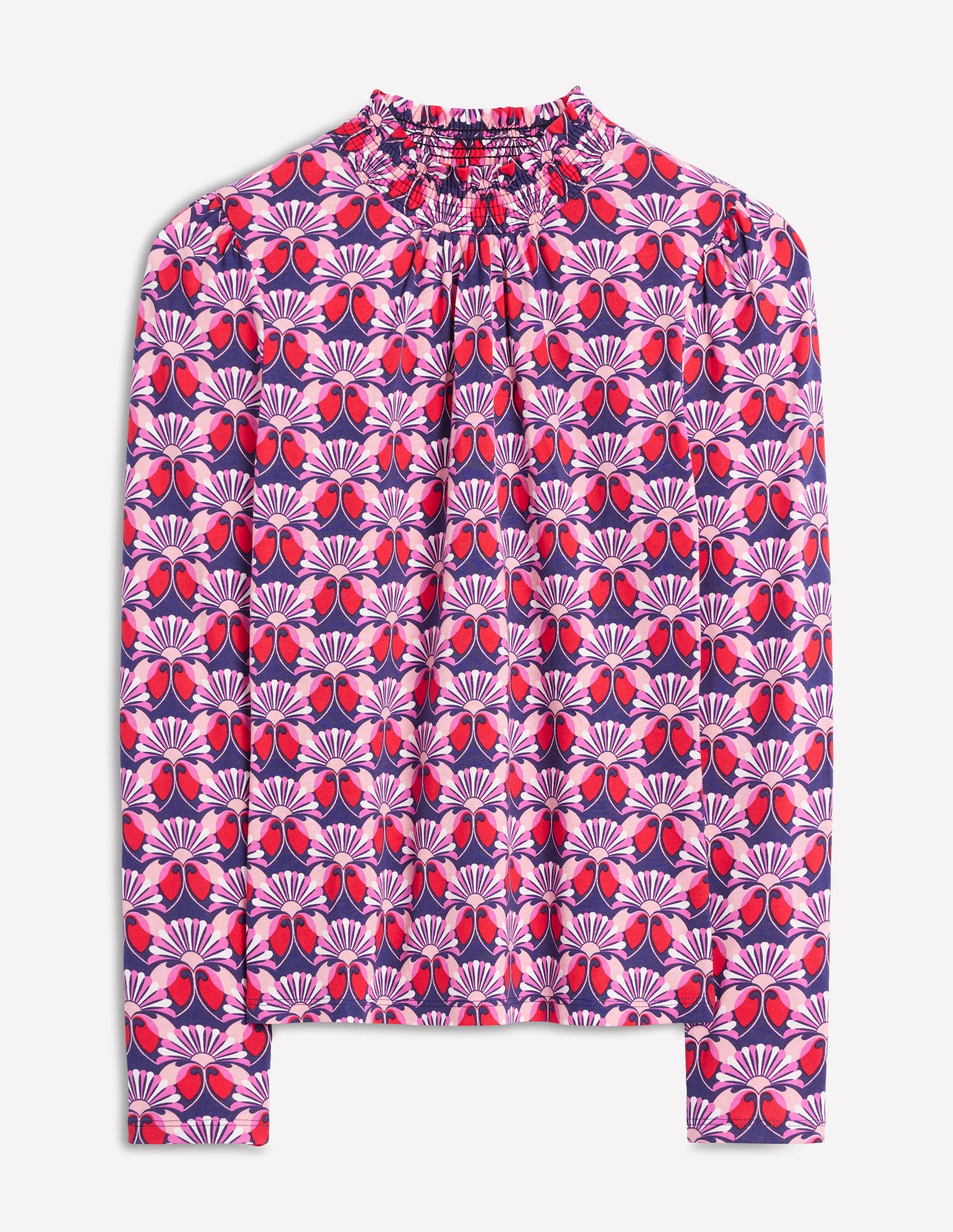 Smocked Neck Printed Top-Poppy Red, Daisy Bloom Geo - Image 5