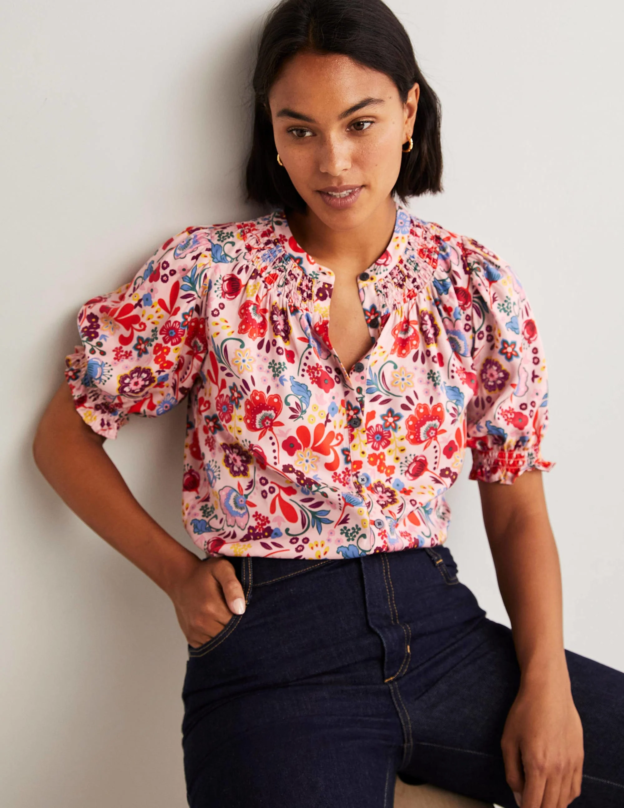 Smocked Silk Blend Blouse-Milkshake, Pretty Paradise - Image 5