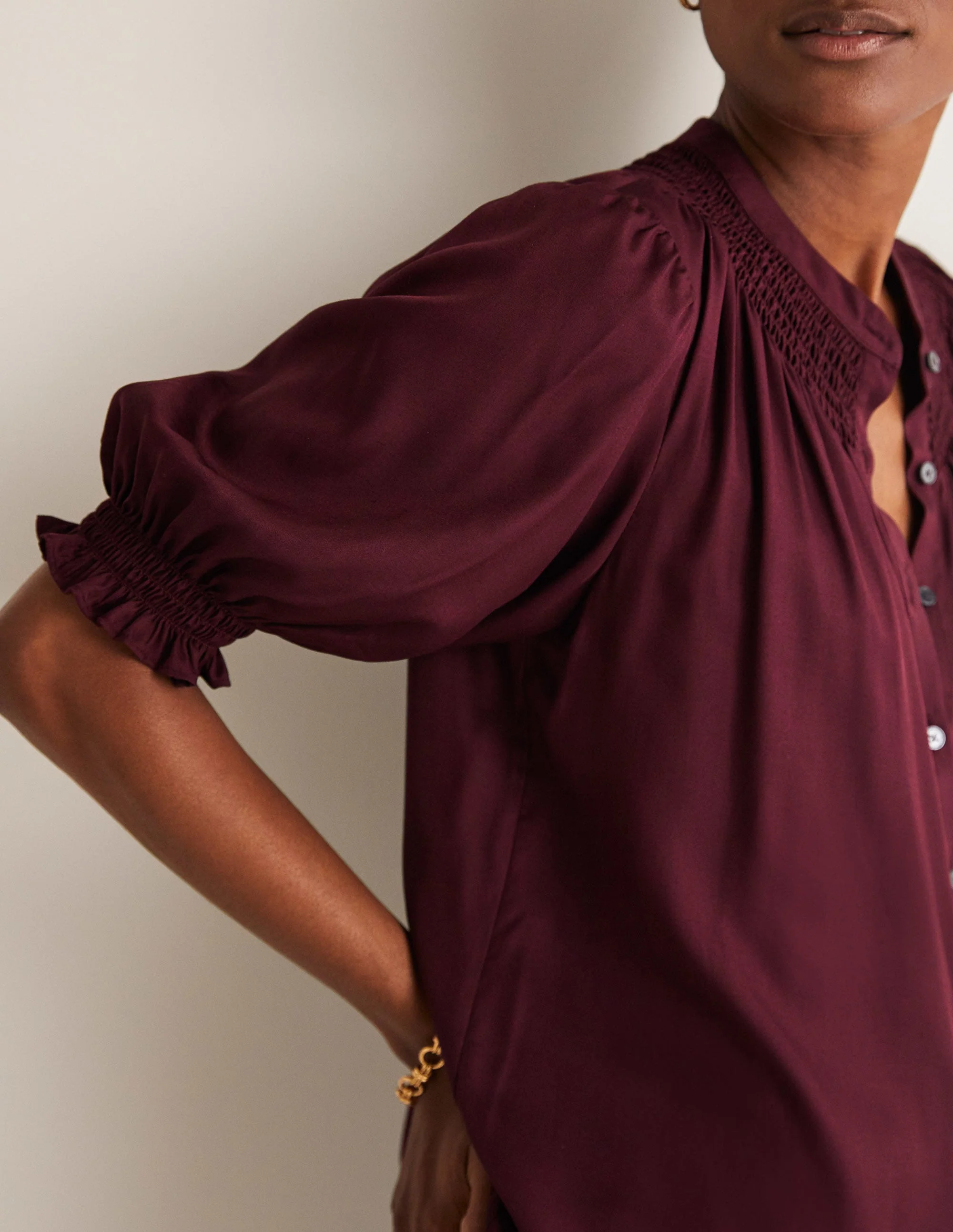 Smocked Silk Blend Blouse-Mulled Wine Purple - Image 2