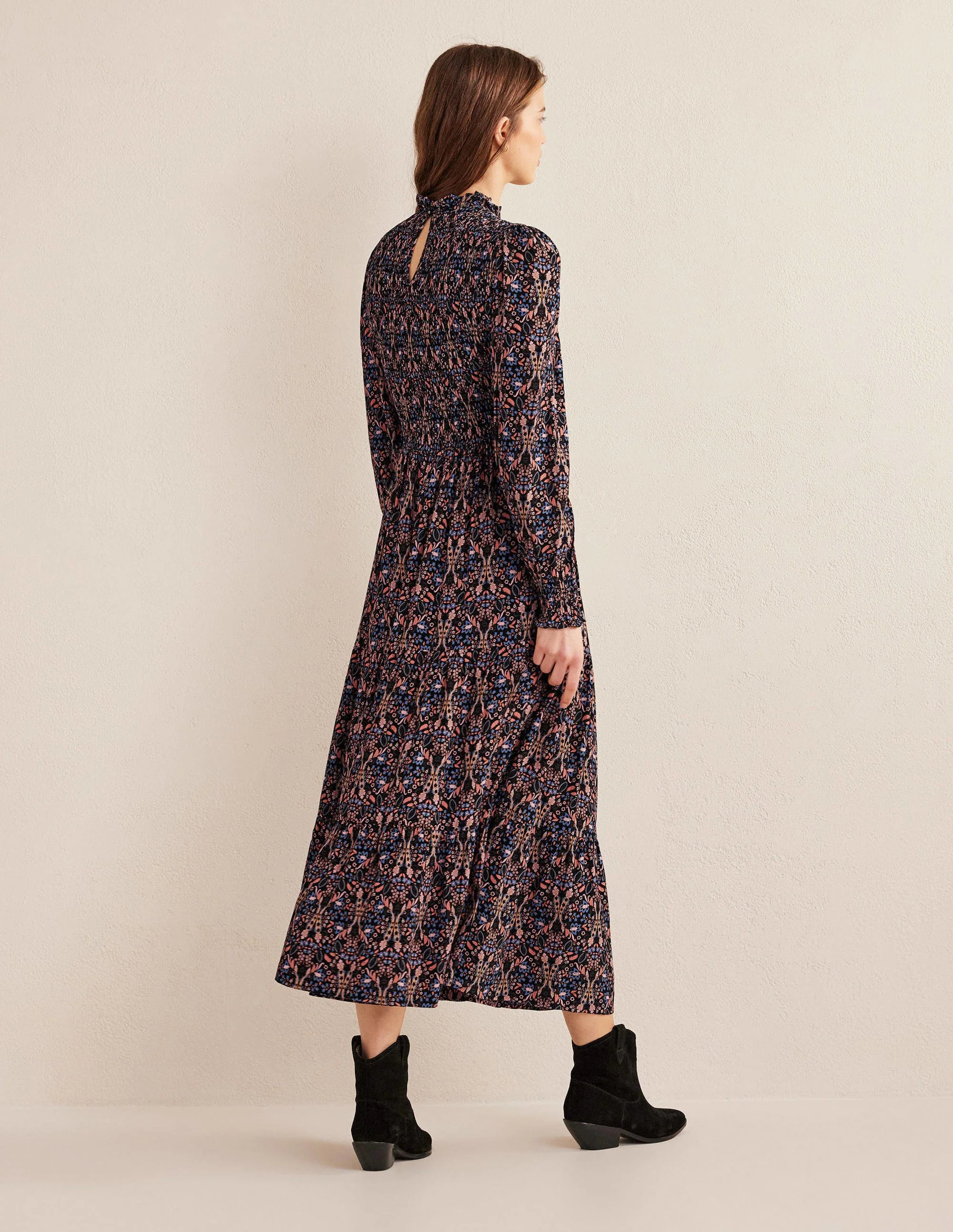 Smocked Tiered Midi Dress-Black, Exotic Foliage - Image 3