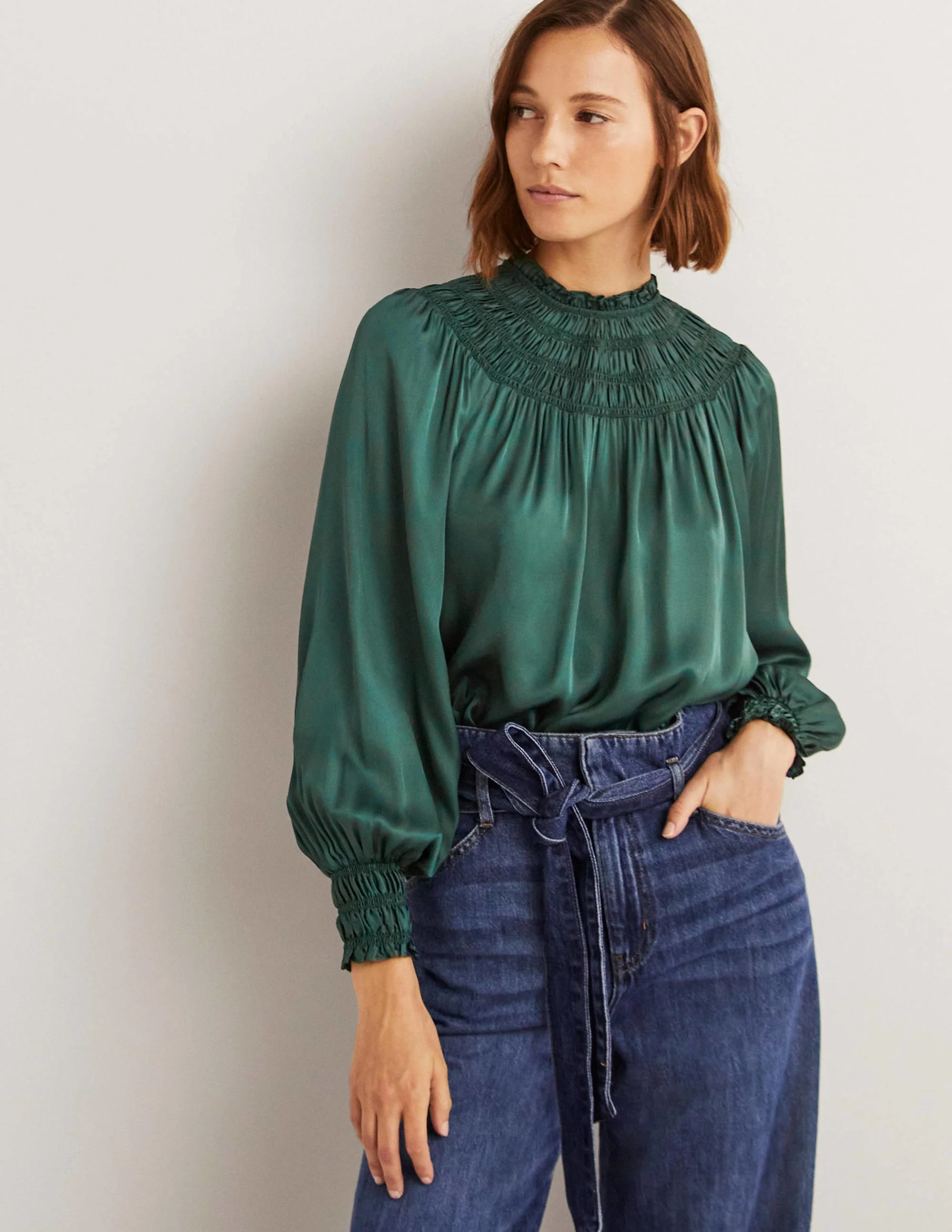 Smocked Yoke Detail Top-Hunter Green - Image 2