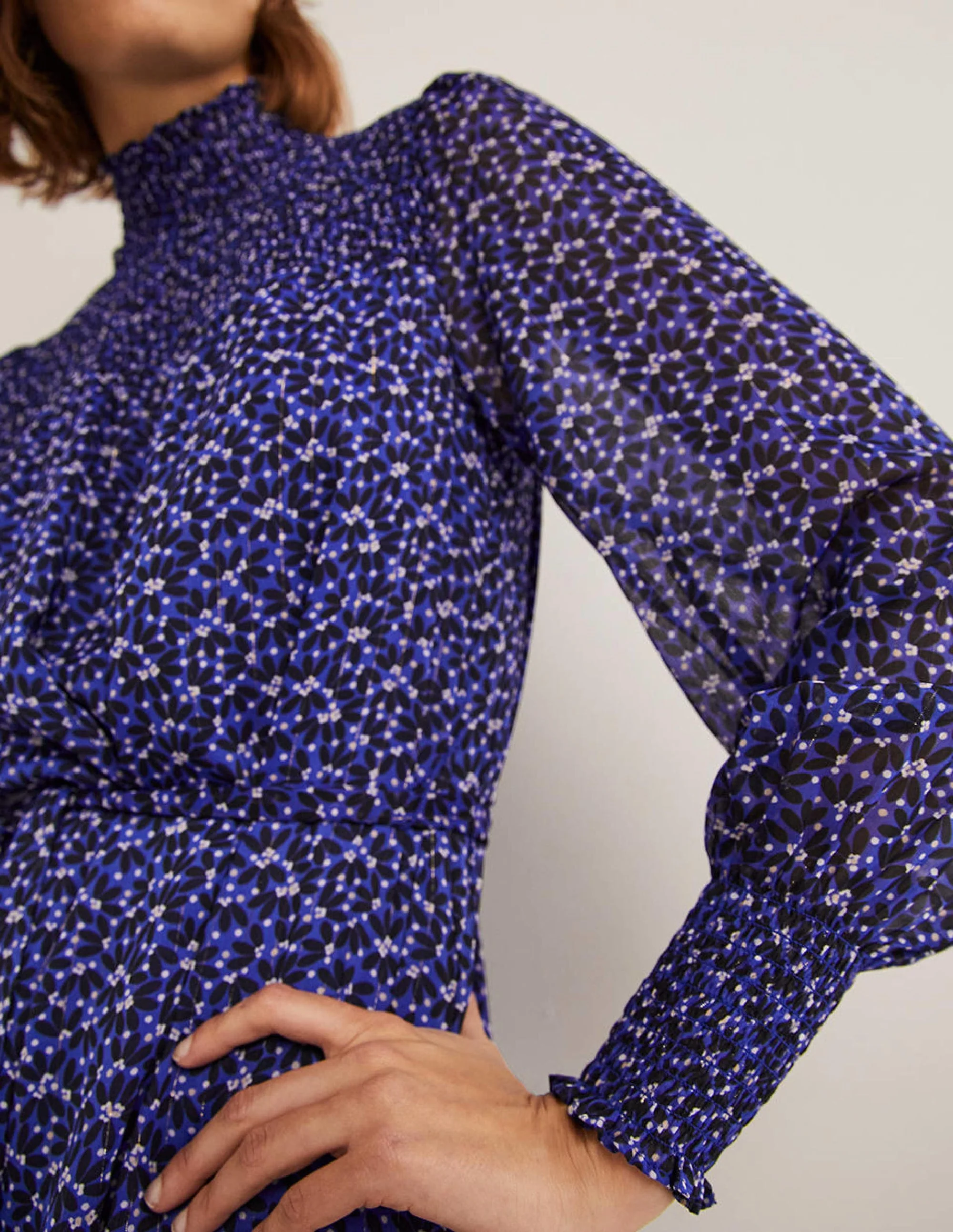 Smocked Yoke Metallic Dress-Bluing, Scatter Petal - Image 2