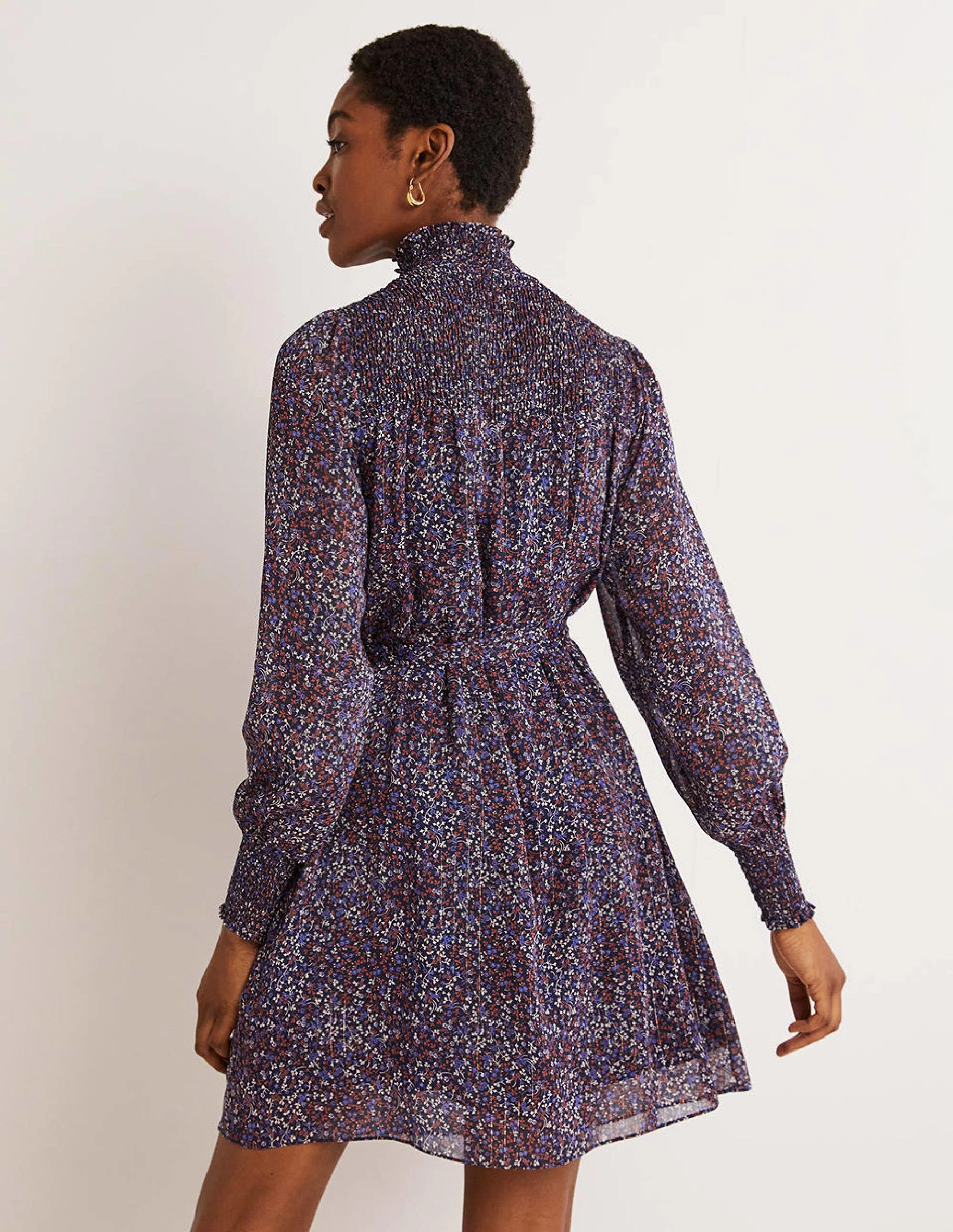 Smocked Yoke Metallic Dress-Navy, Wild Vine - Image 3