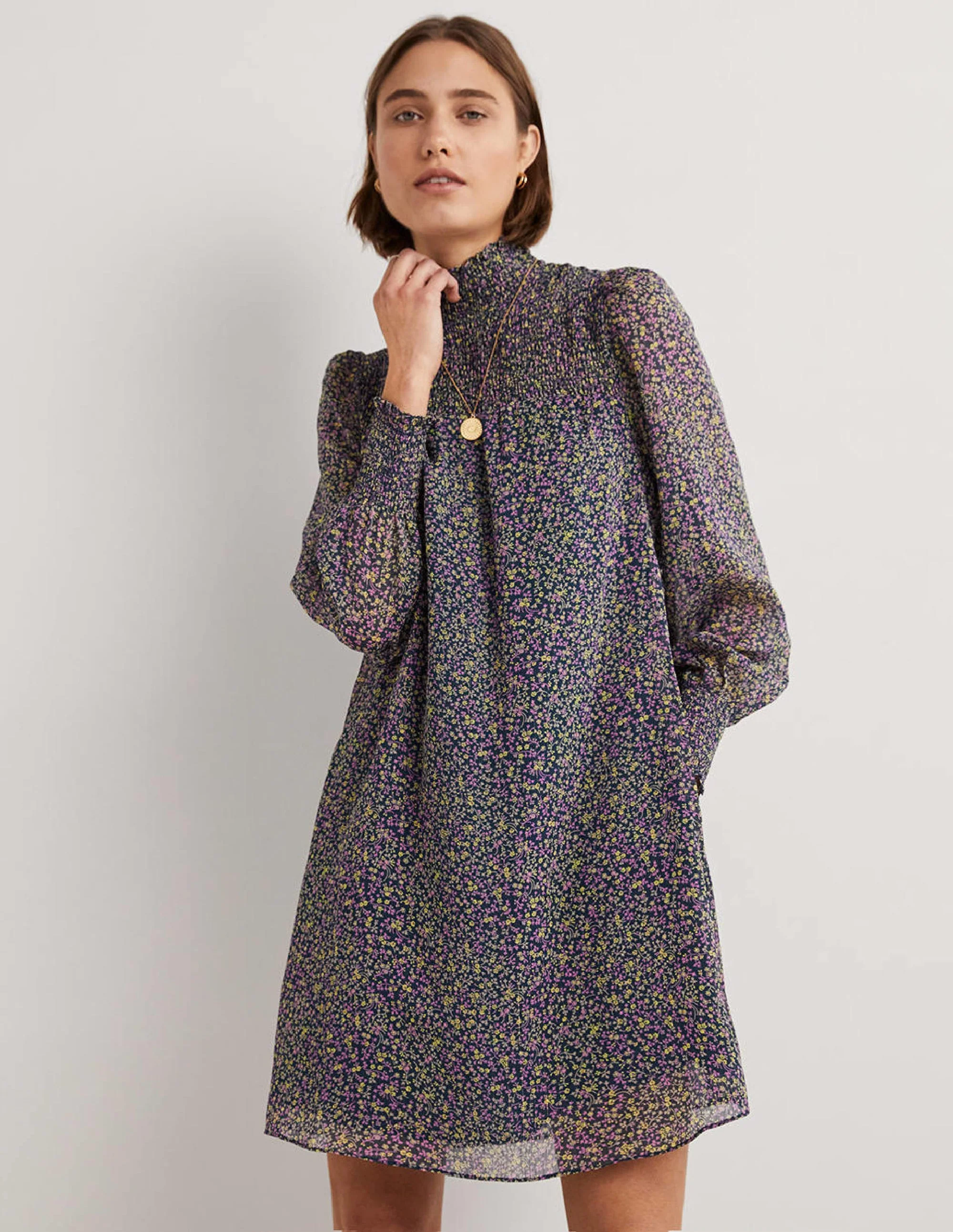 Smocked Yoke Metallic Dress-Seaweed, Wild Vine - Image 4