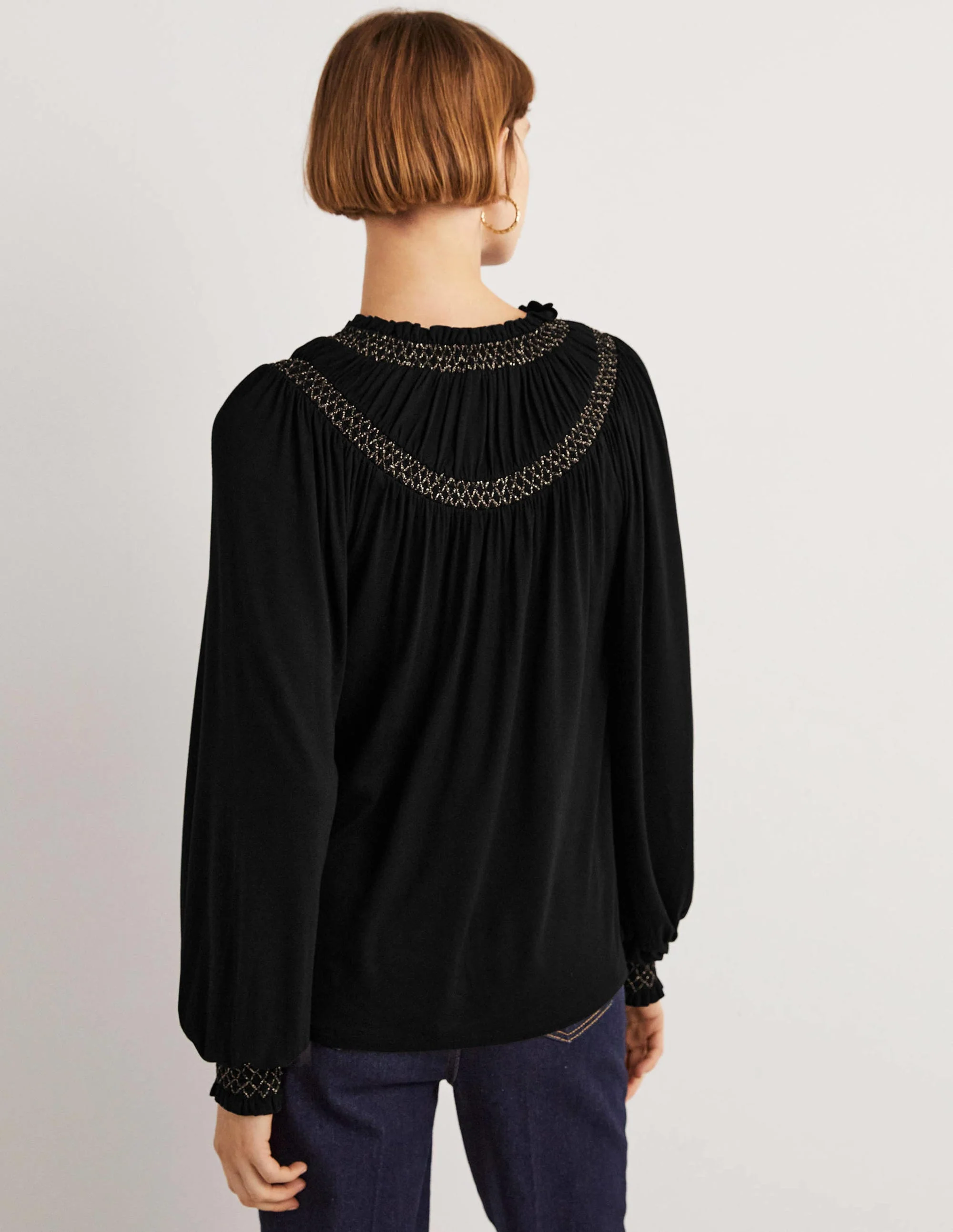 Smocked Yoke Metallic Top-Black, Gold - Image 3