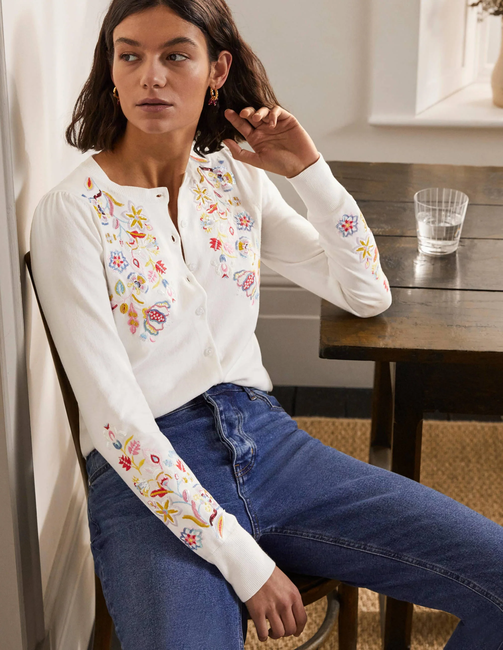 Somerset Embroidered Cardigan-Ivory