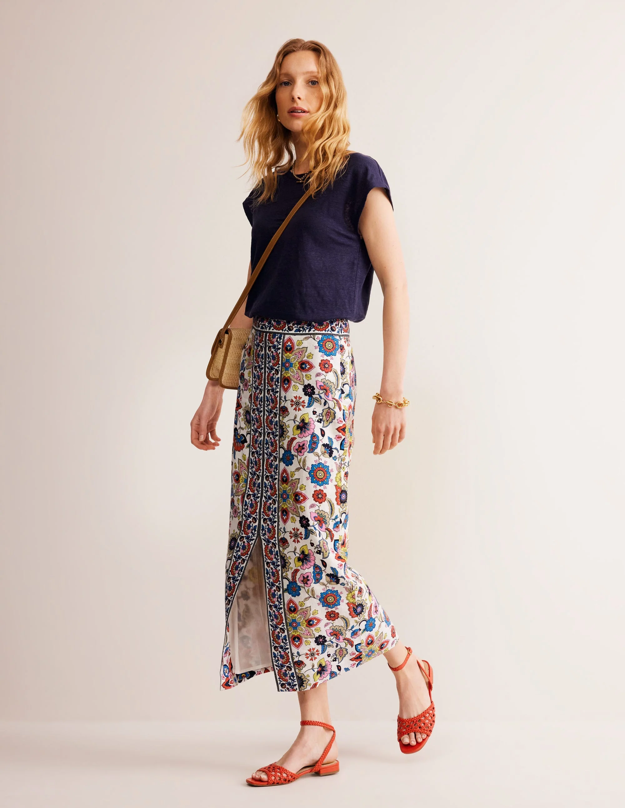Split Front Column Linen Skirt-Ivory, Floral - Image 6