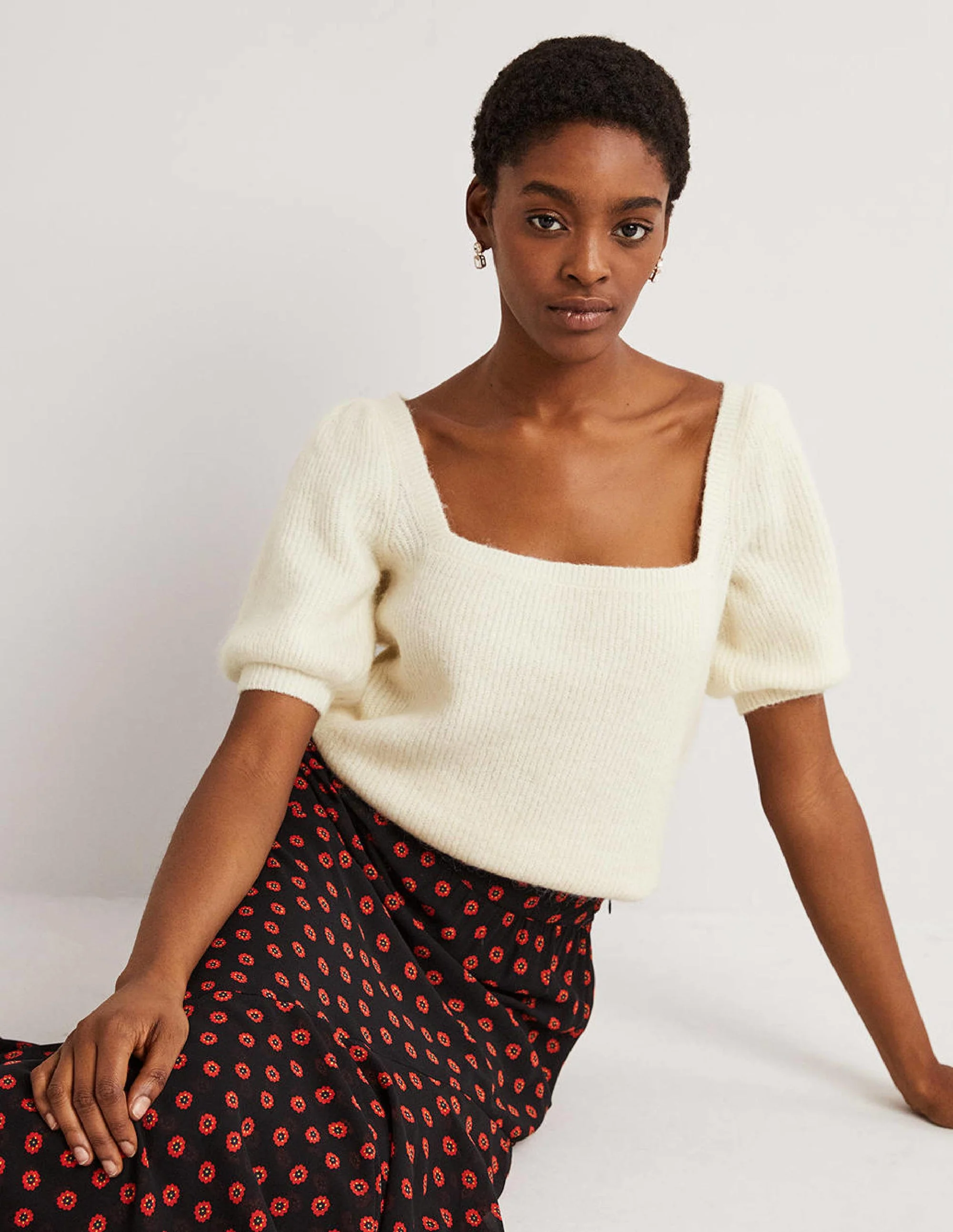 Square Neck Fluffy Jumper-Ivory