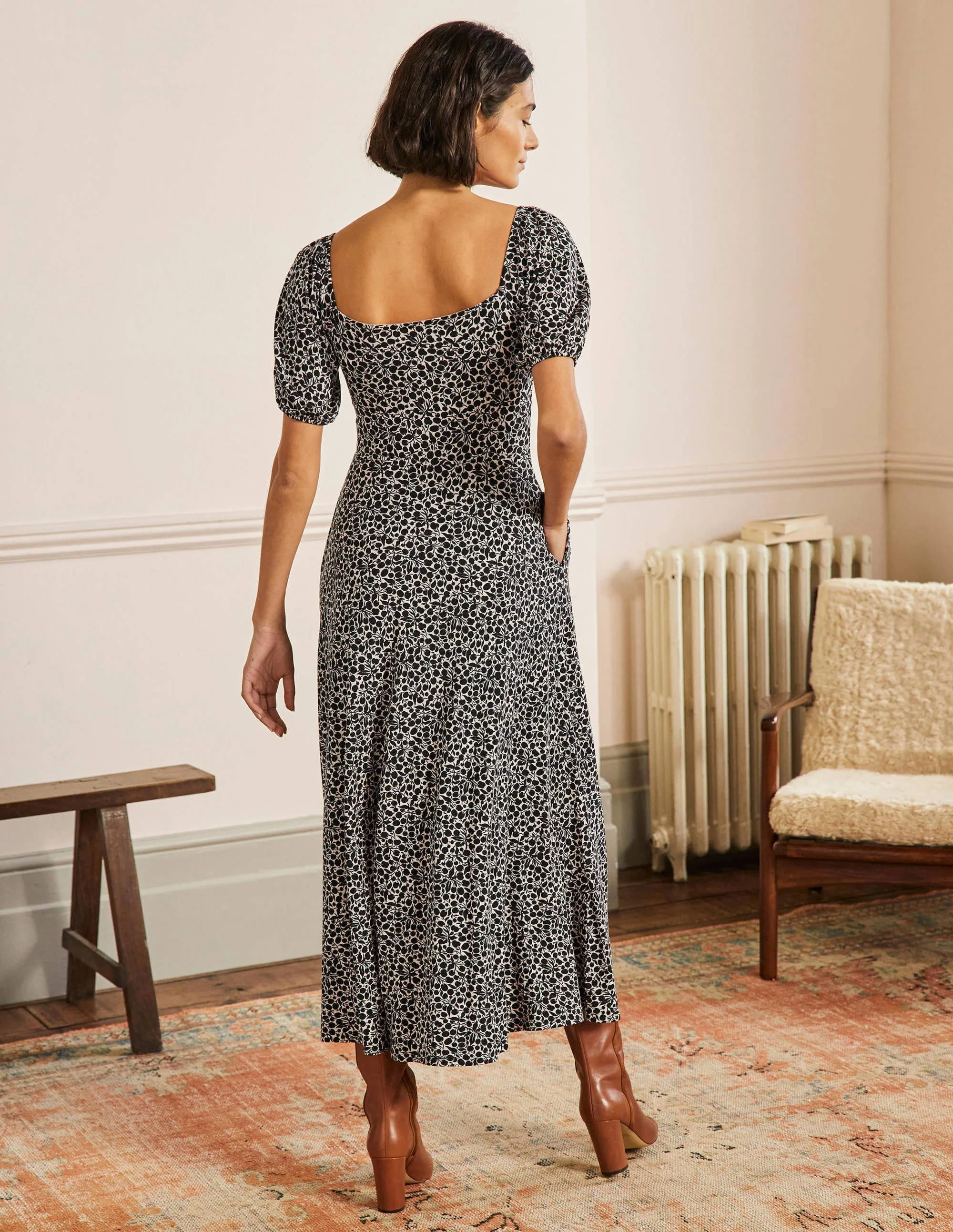 Square Neck Jersey Maxi Dress-Black, Flora Sprig - Image 3