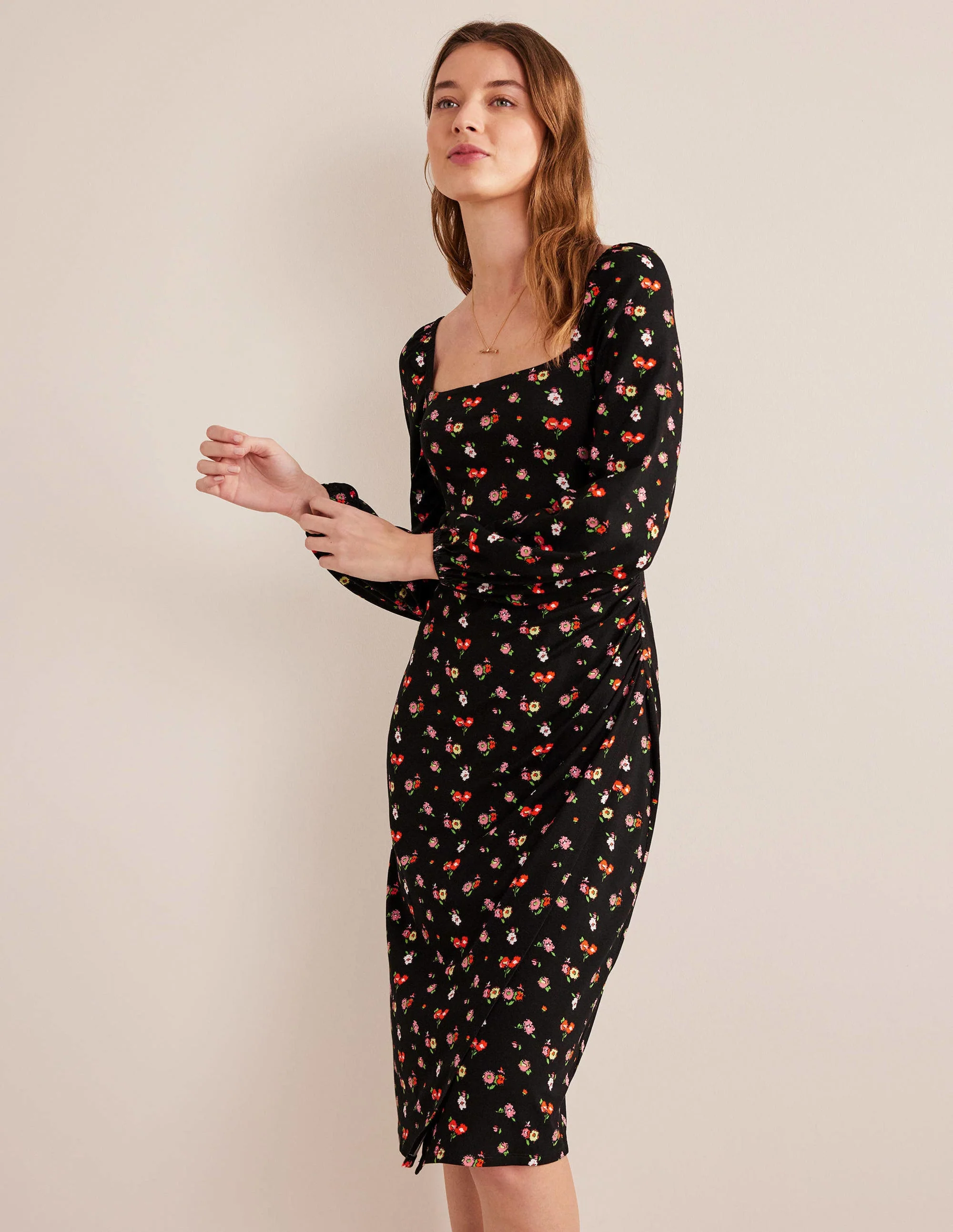 Square Neck Jersey Midi Dress-Black, Dainty Sprig