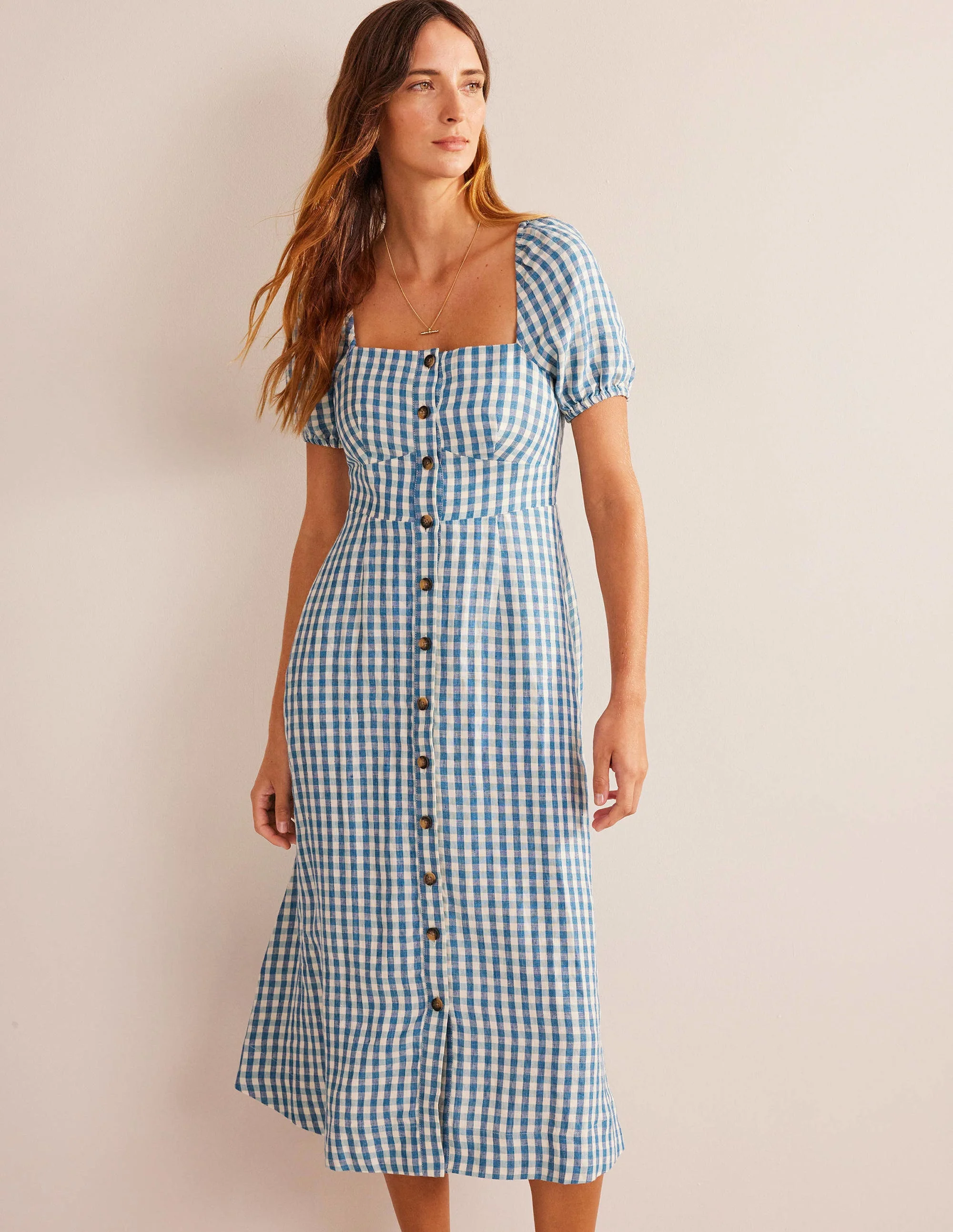 Square Neck Linen Midi Dress-Delphinium Blue, Gingham