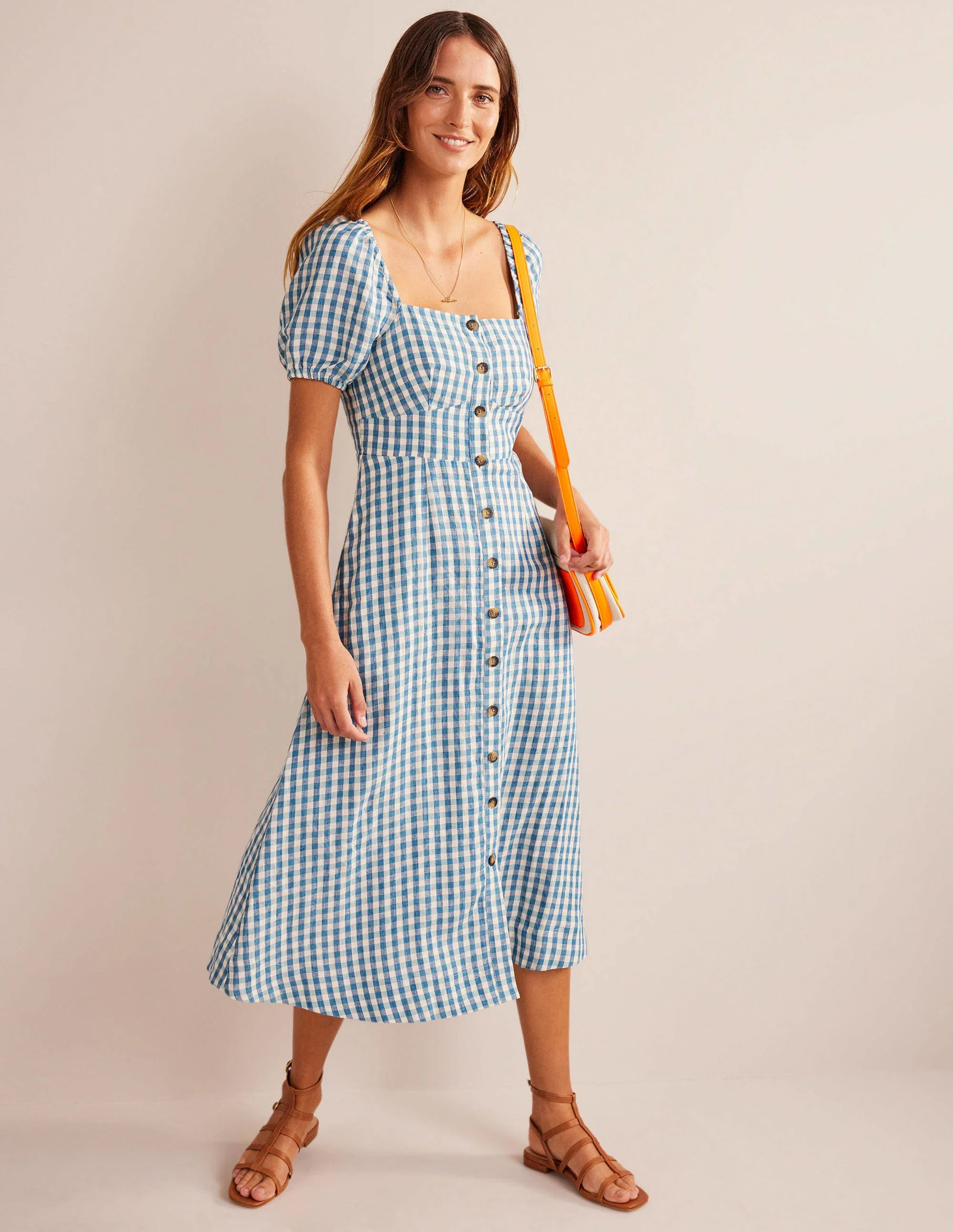 Square Neck Linen Midi Dress-Delphinium Blue, Gingham - Image 4