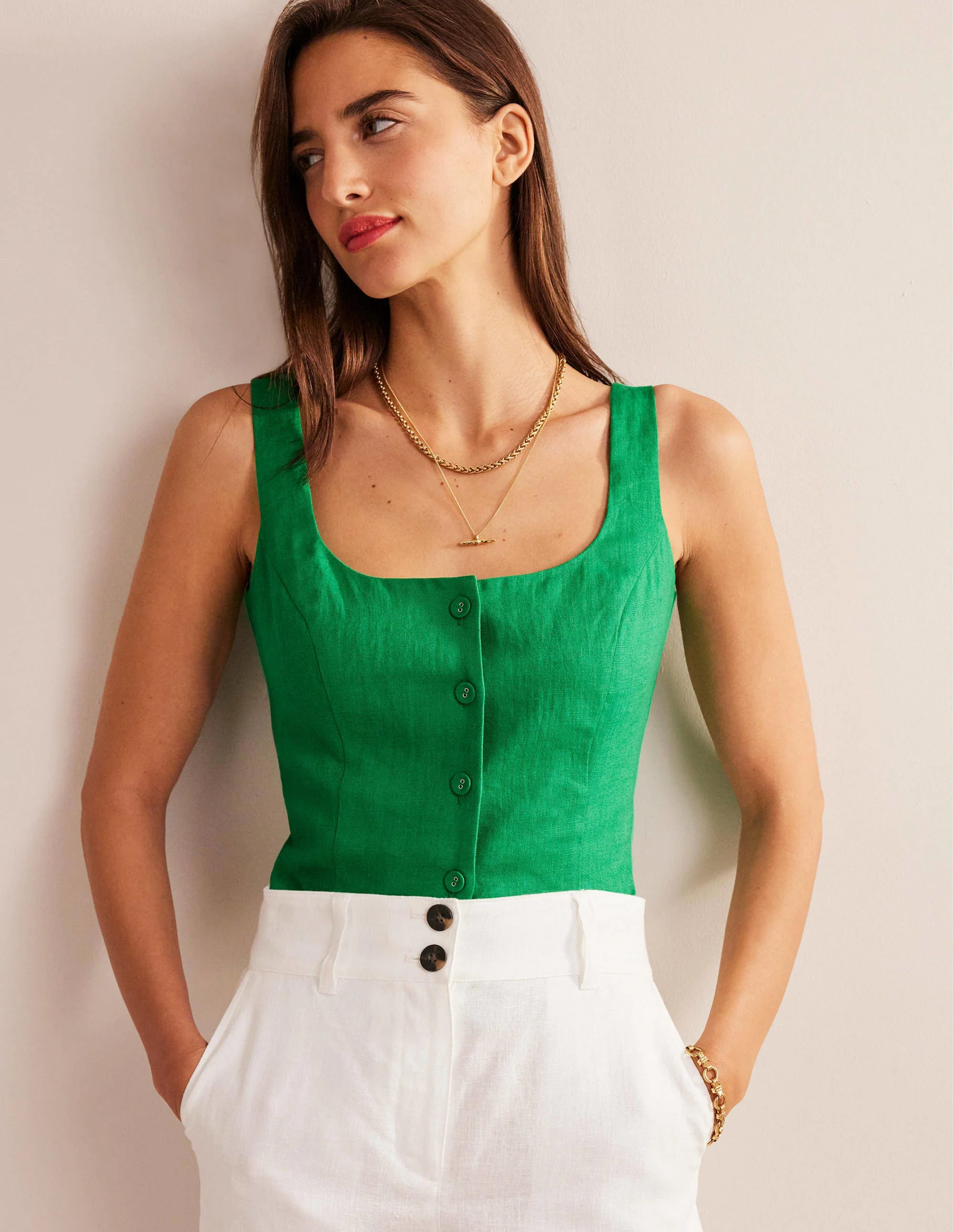 Square Neck Linen Top-Rich Emerald