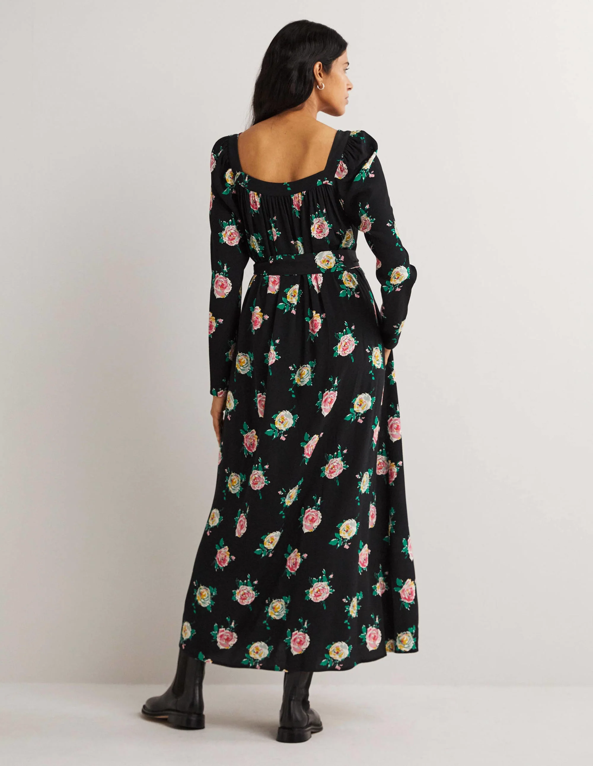 Square Neck Maxi Dress-Black, Painterly Rose - Image 3