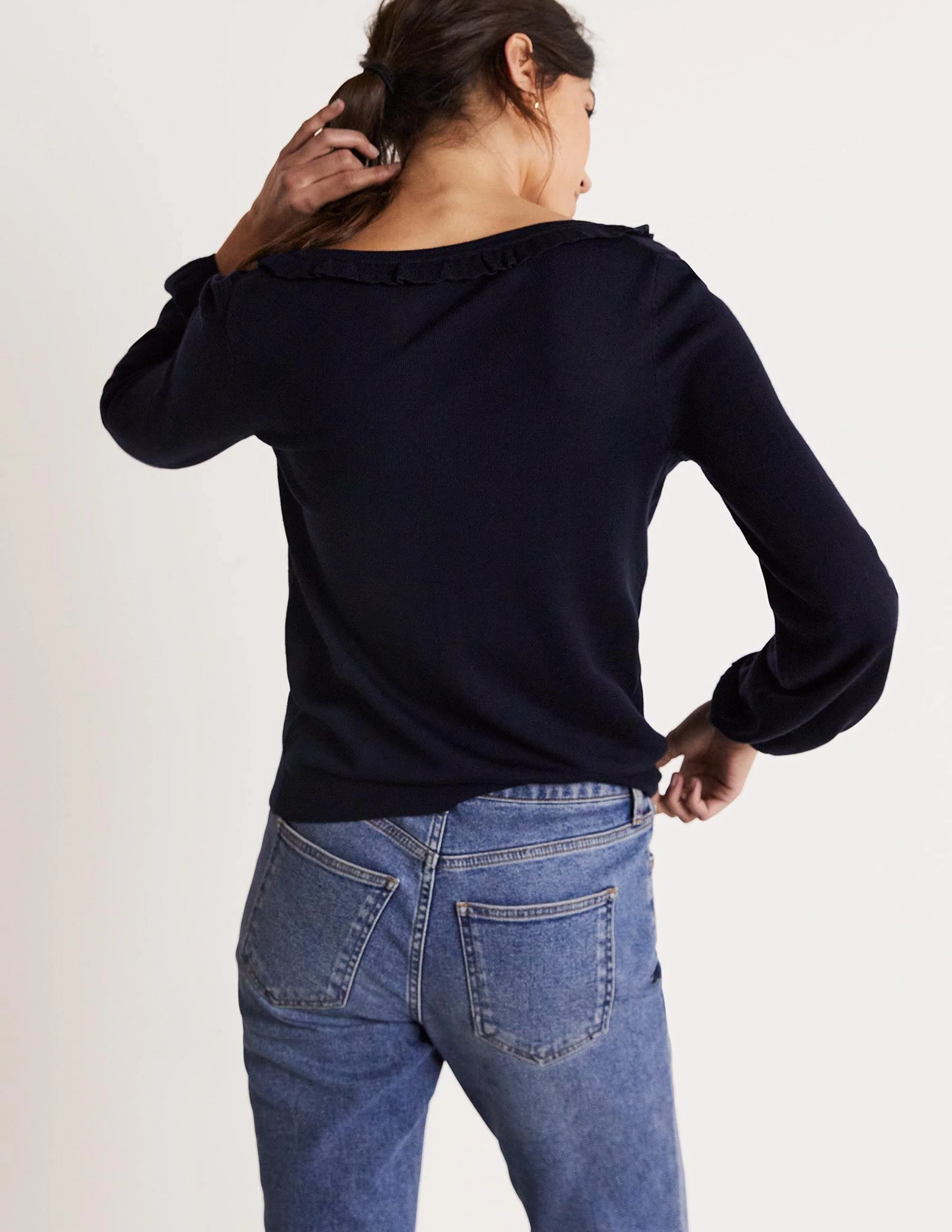 Square Neck Merino Cardigan-Navy - Image 3