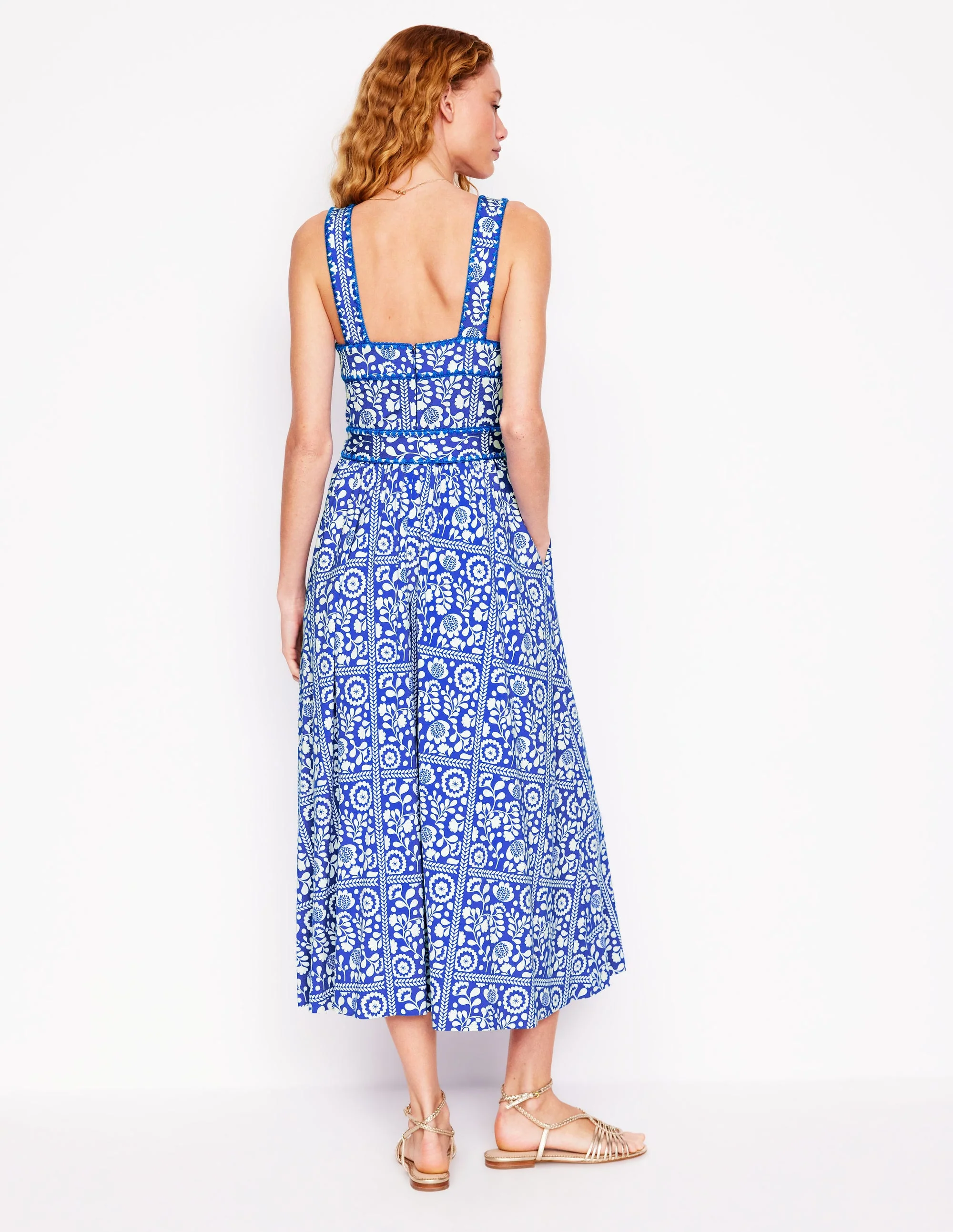 Square Neck Seam Midi Dress-Gallery Blue, Vine Tile - Image 3