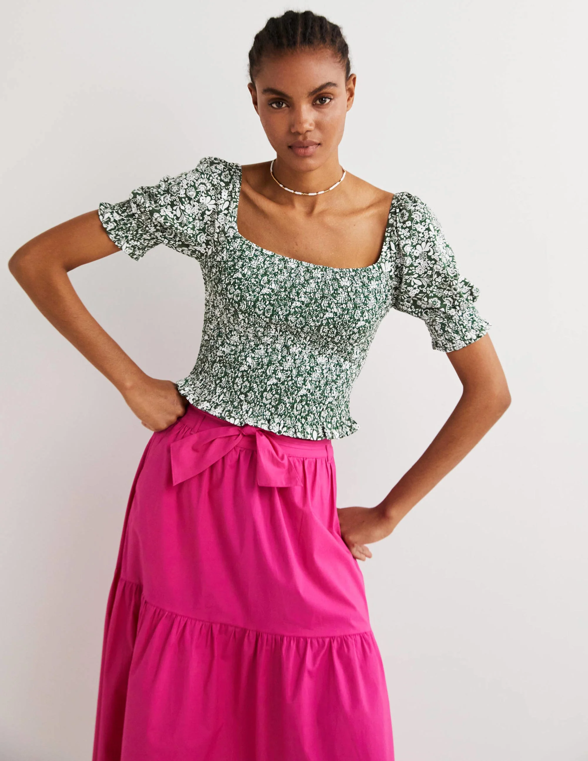 Square Neck Smocked Jersey Top-Hunter Green, Pretty Paradise