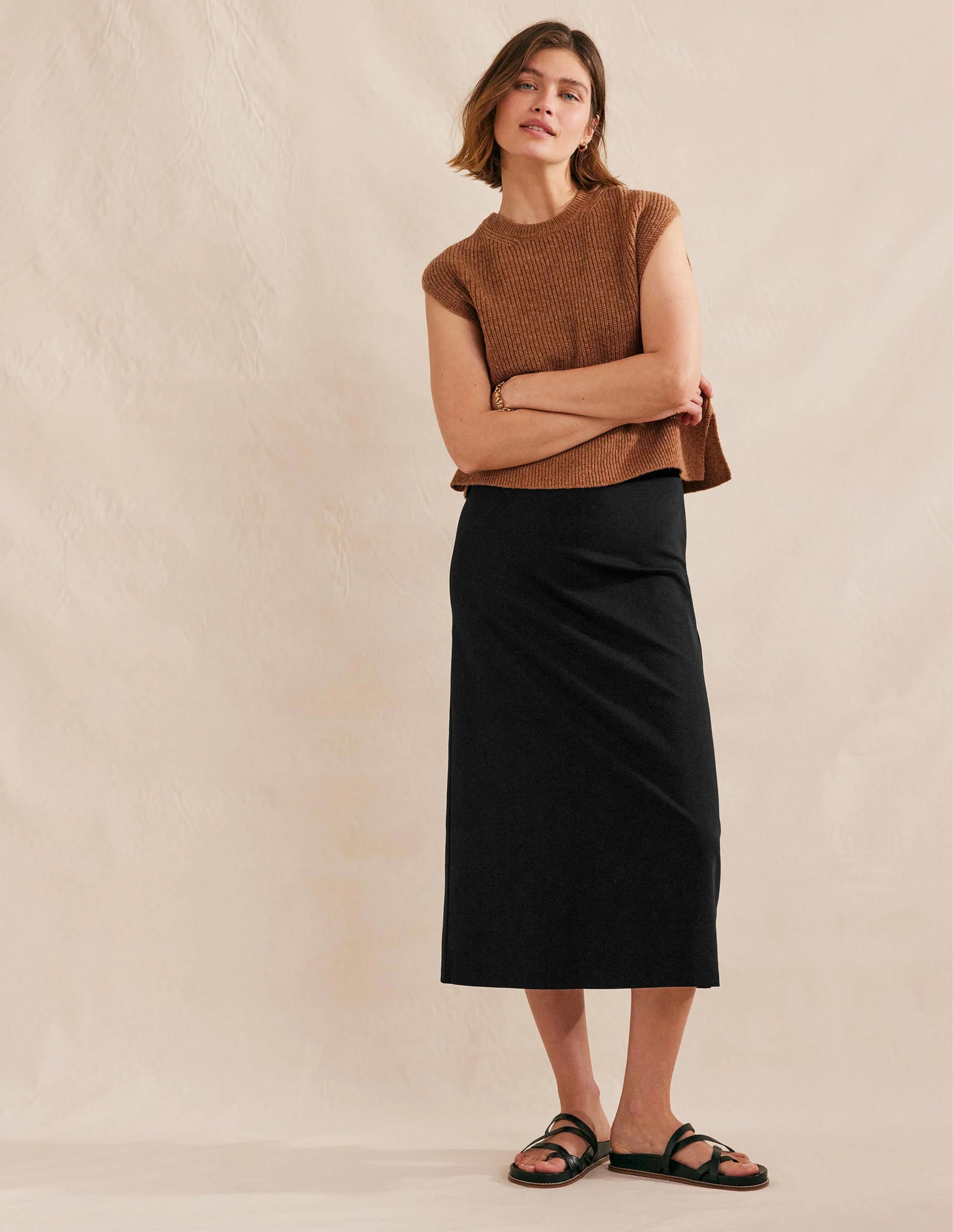 Straight Jersey Midi Skirt-Black