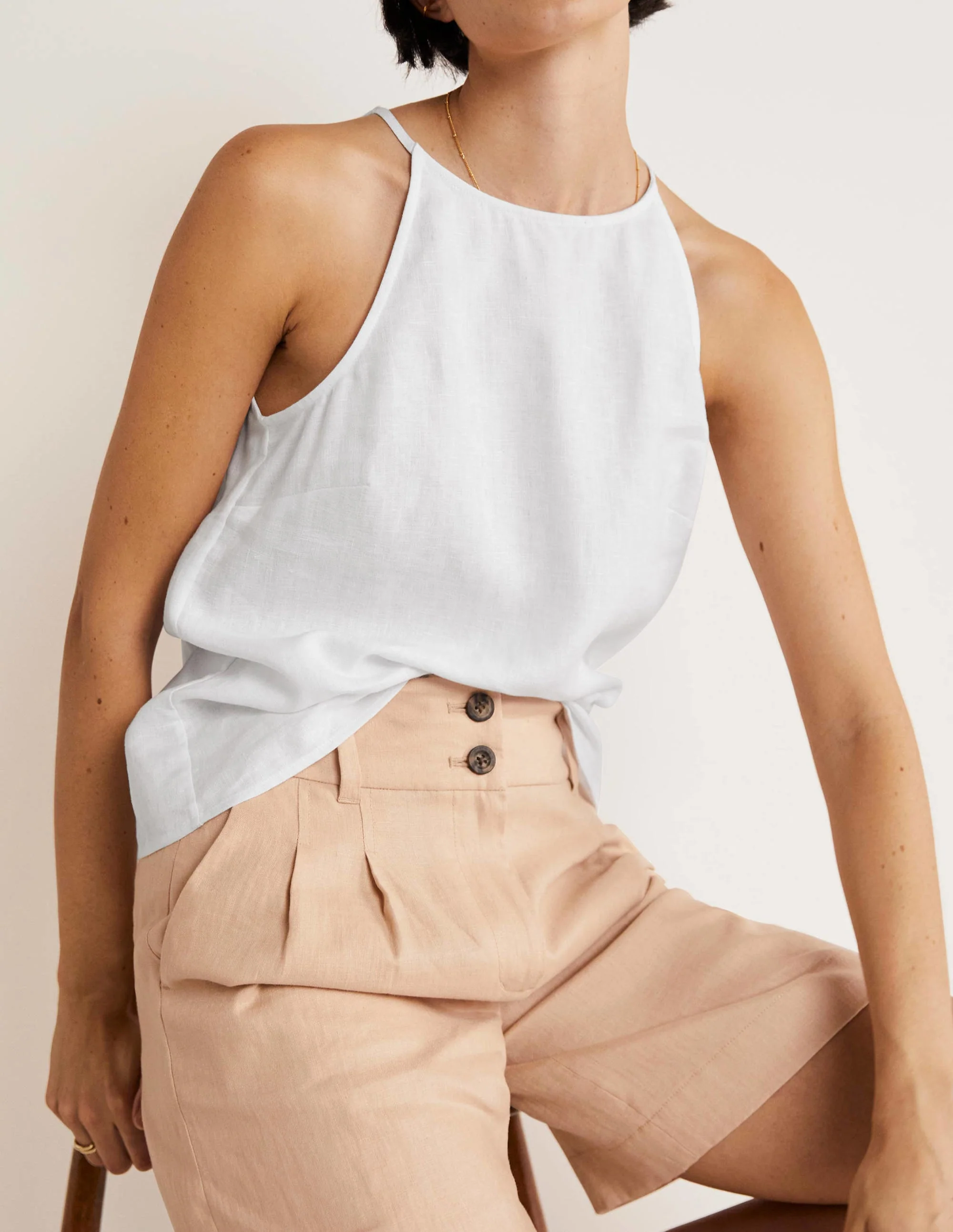 Strappy Halterneck Linen Top-White - Image 5