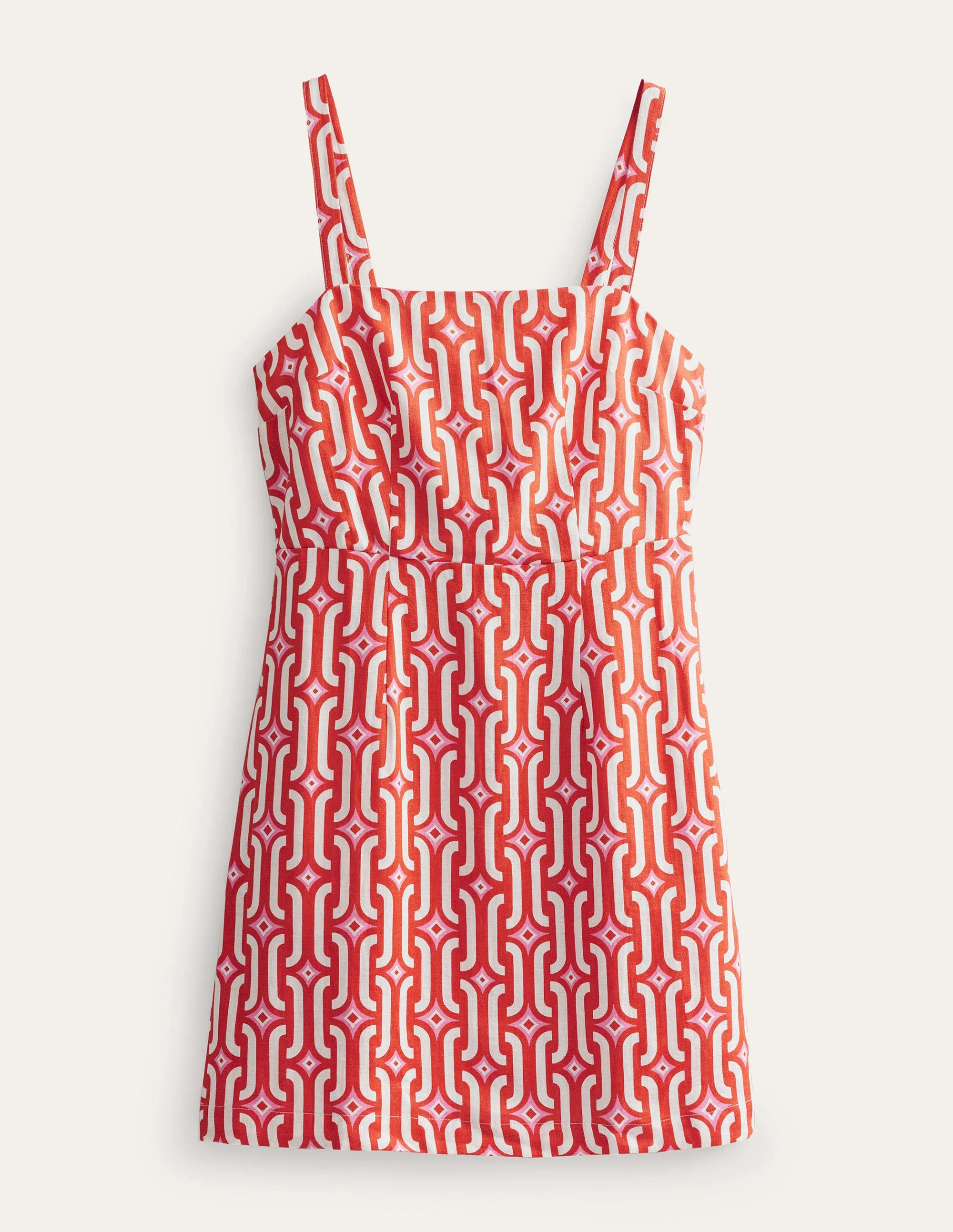 Strappy Linen Mini Dress-Blood Orange, Azure Geo - Image 5