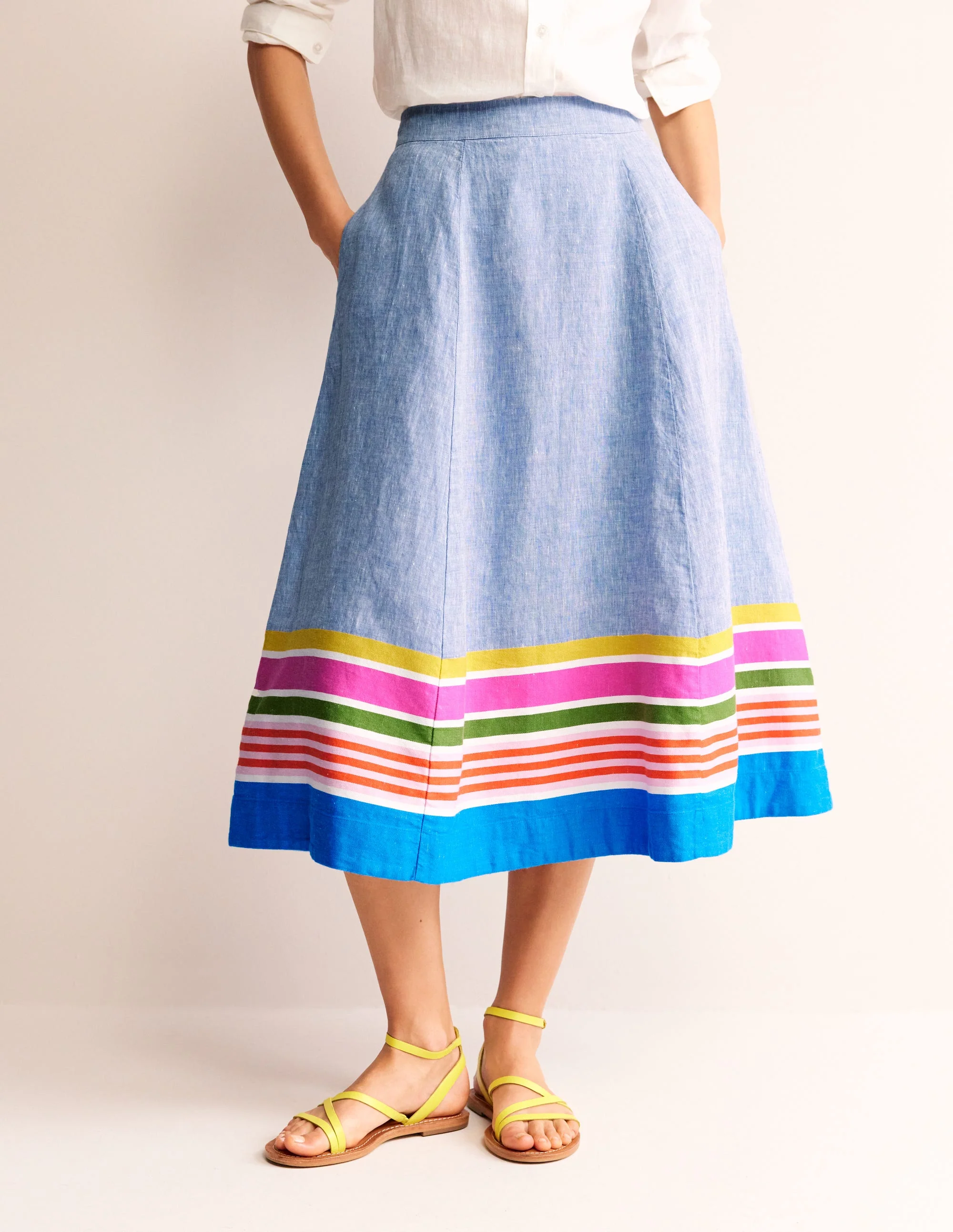 Stripe Hem Linen Skirt-Blue Multistripe - Image 4