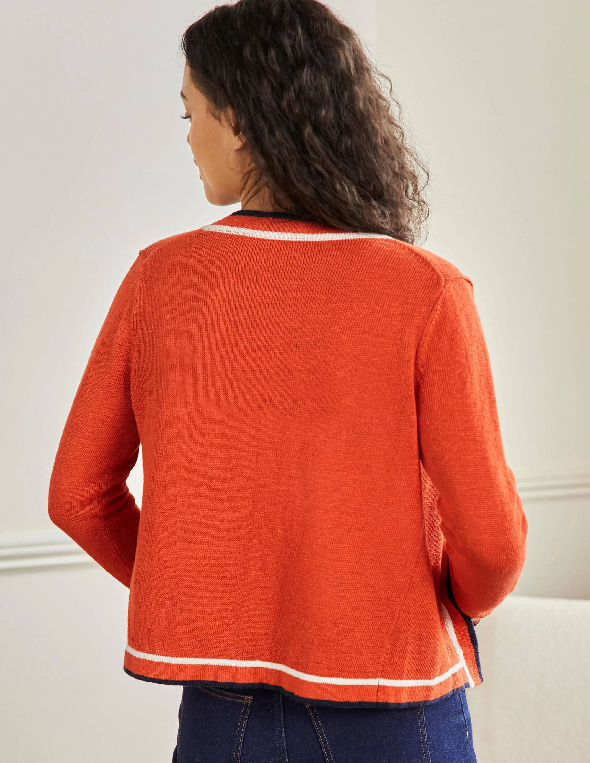 Stripe Trim Linen Cardigan-Bright Papaya - Image 3