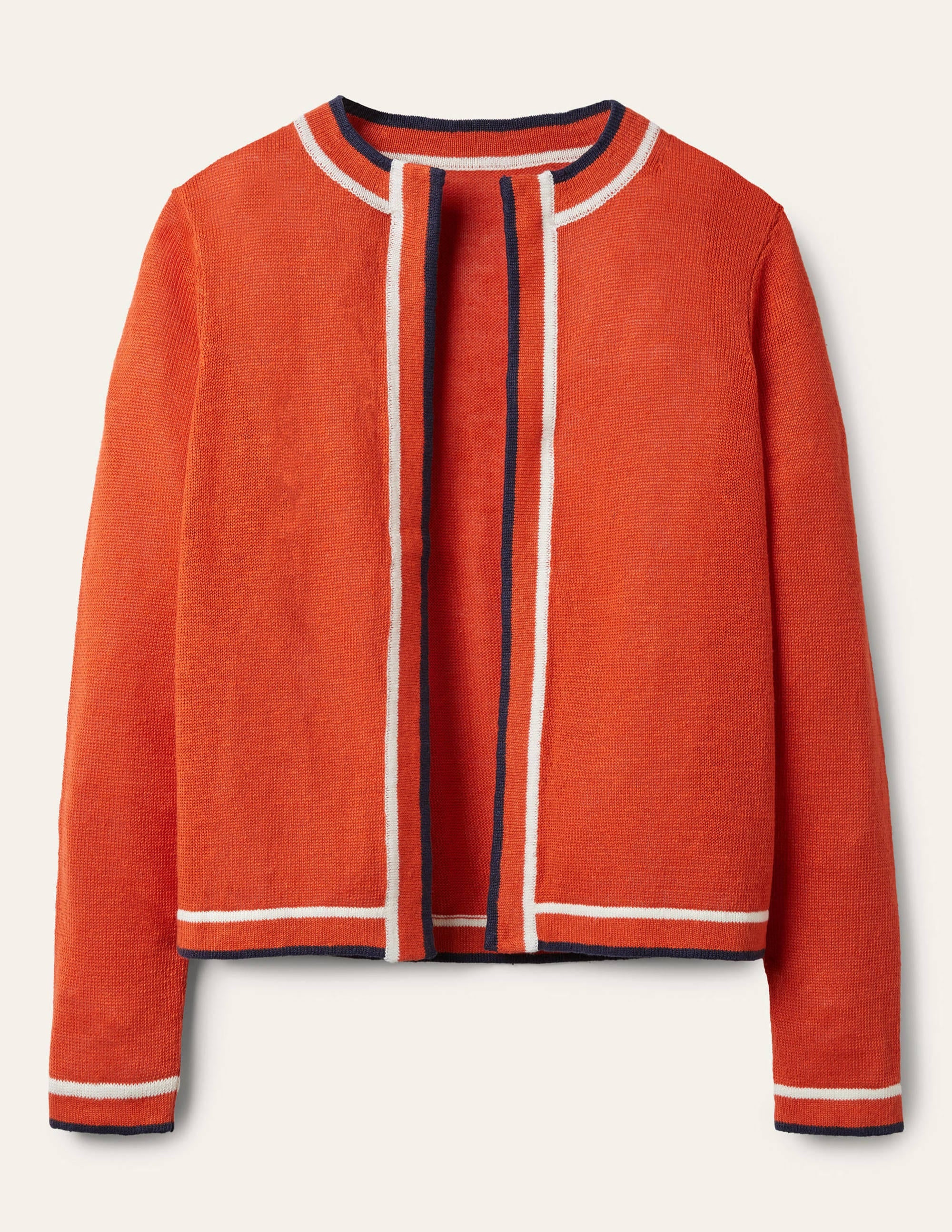 Stripe Trim Linen Cardigan-Bright Papaya - Image 5
