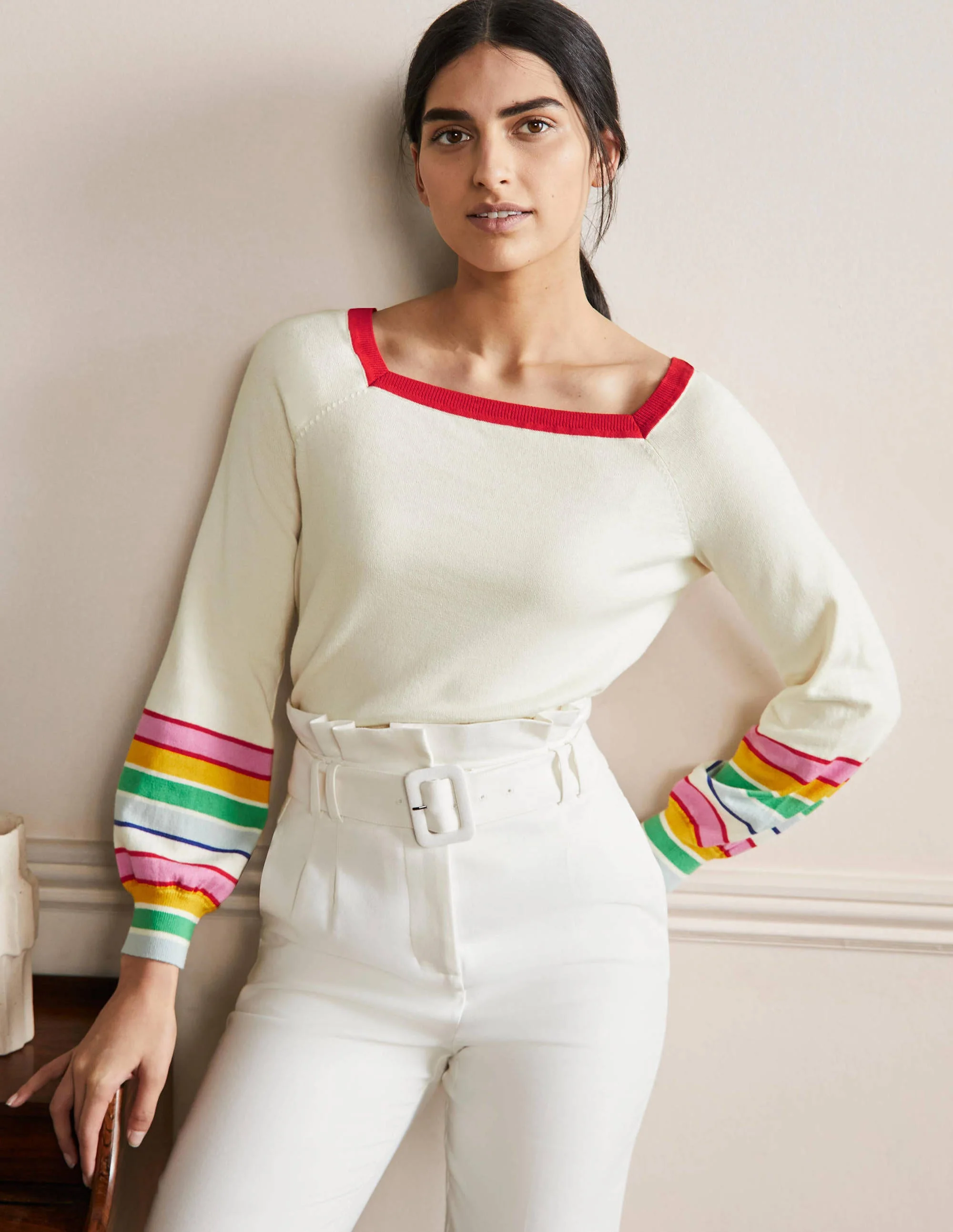 Striped Square Neck Jumper-Ivory