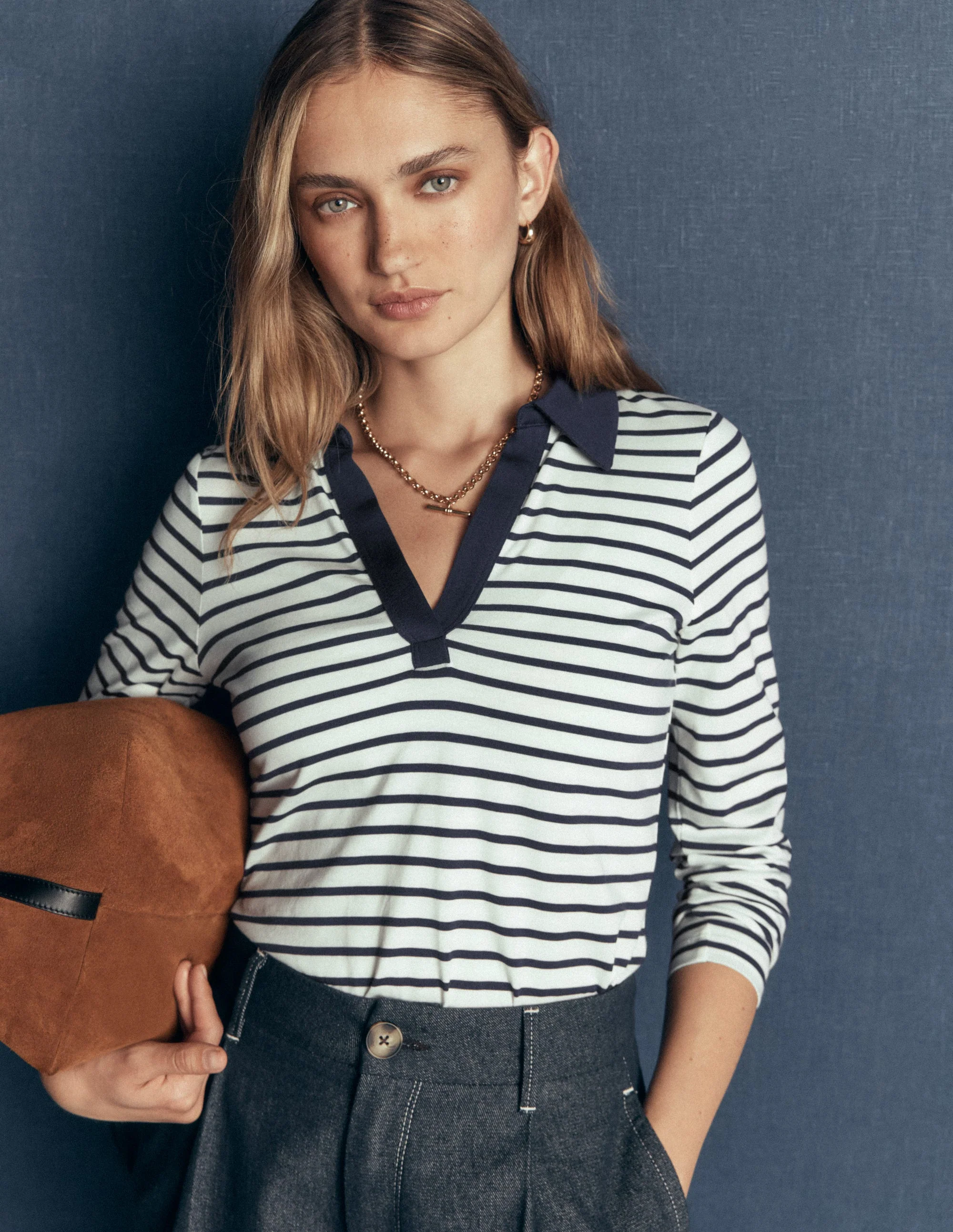 Supersoft Open Collar Shirt-Ivory/ Navy Stripe - Image 3