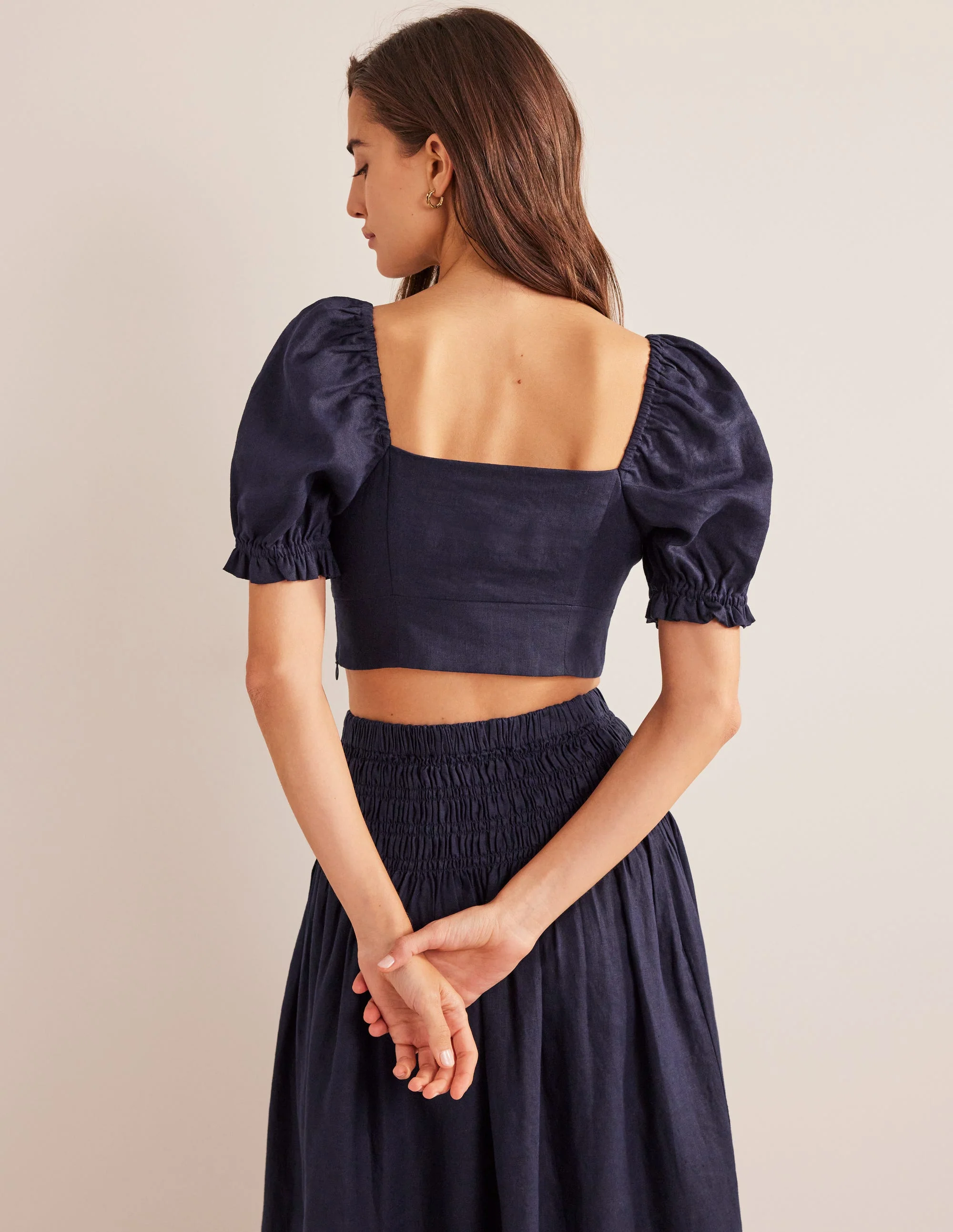Sweetheart Linen Cropped Top-Navy - Image 3