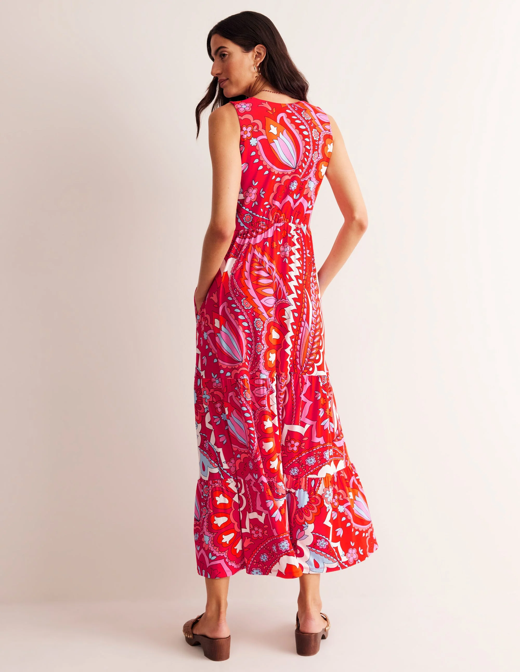 Sylvia Jersey Maxi Tier Dress-Flame Scarlet, Foliage Paisley - Image 3