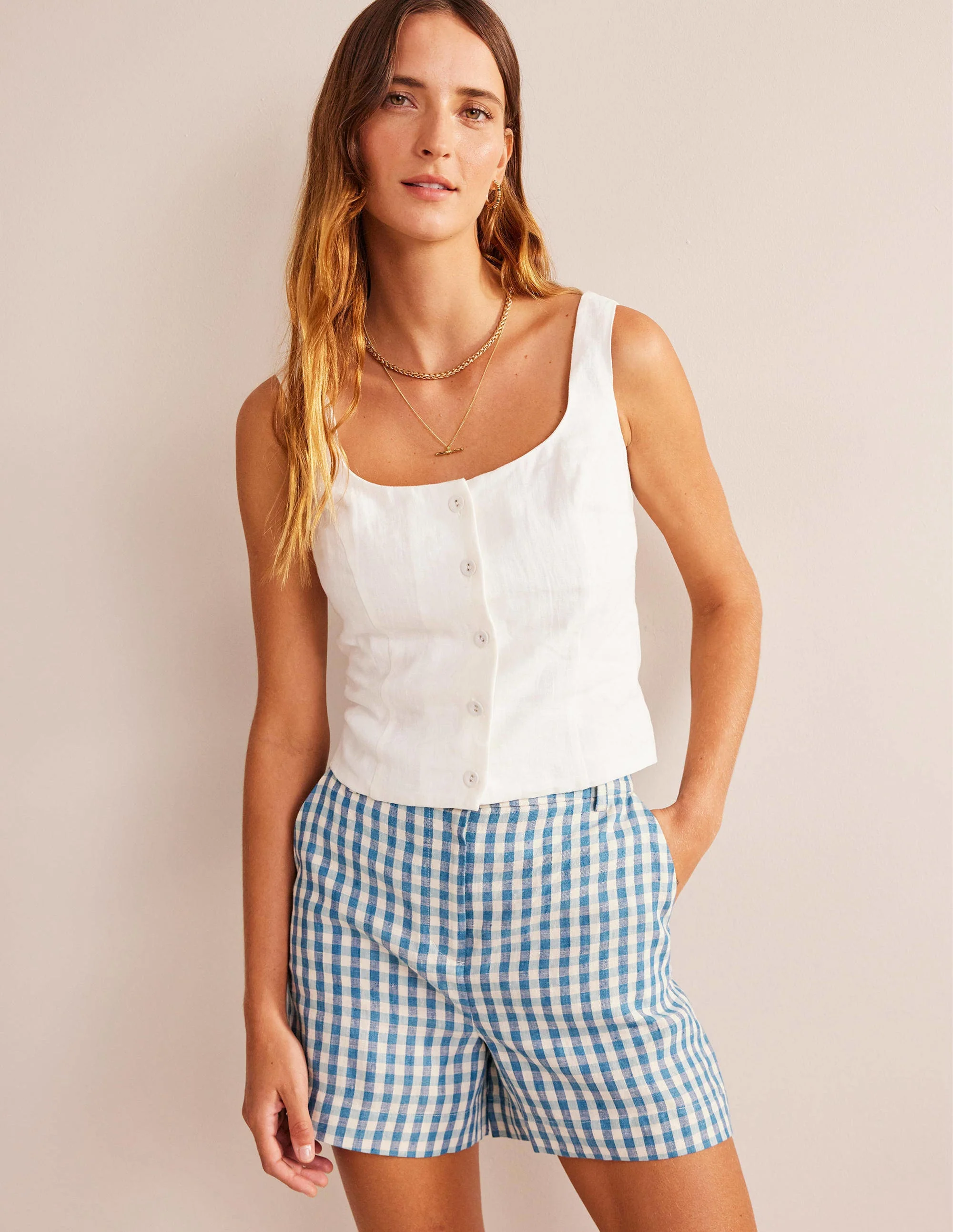 Tailored Linen Shorts-Blue Gingham