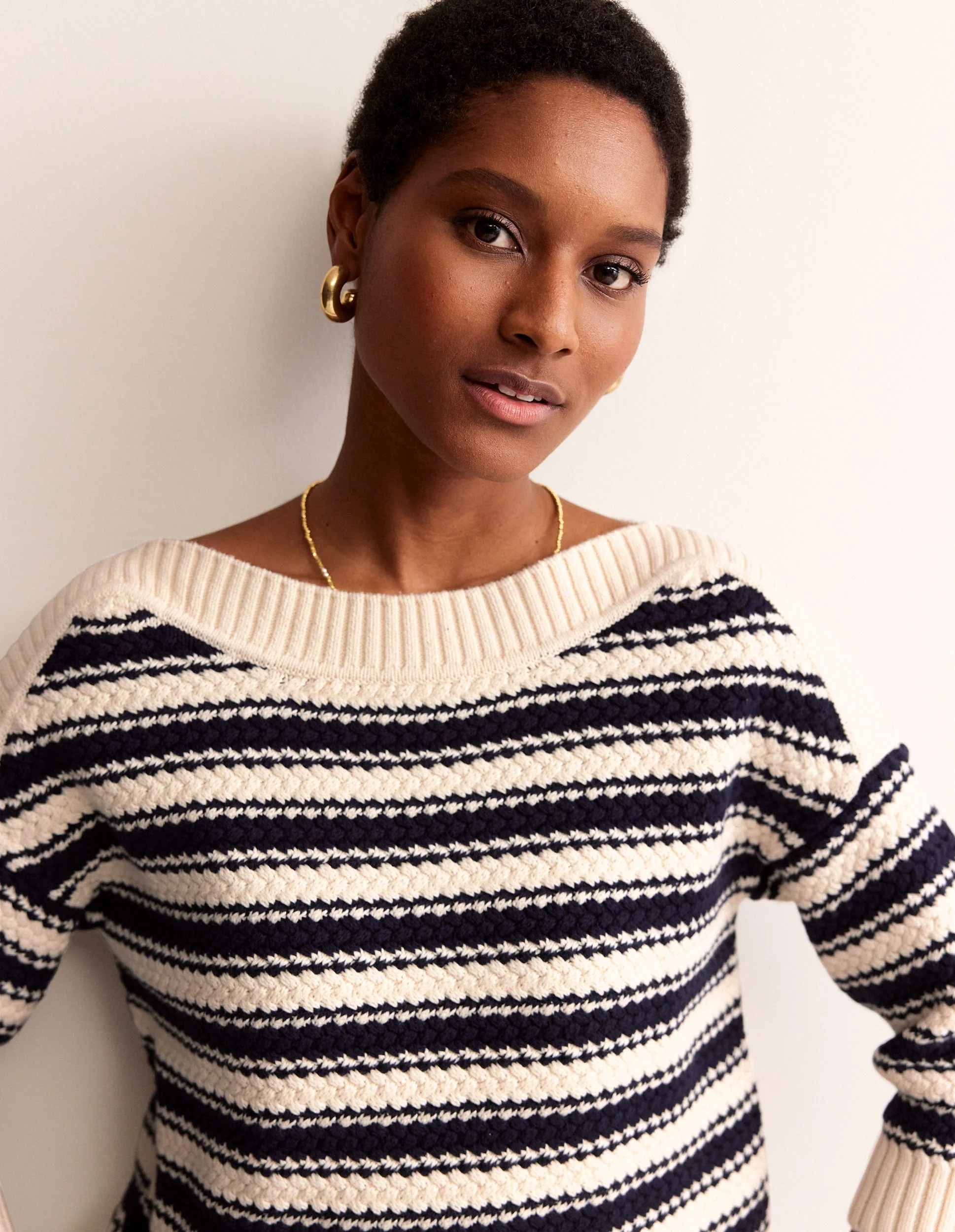 Textured Cotton Stripe Jumper-Navy, Ivory Textured Stripe