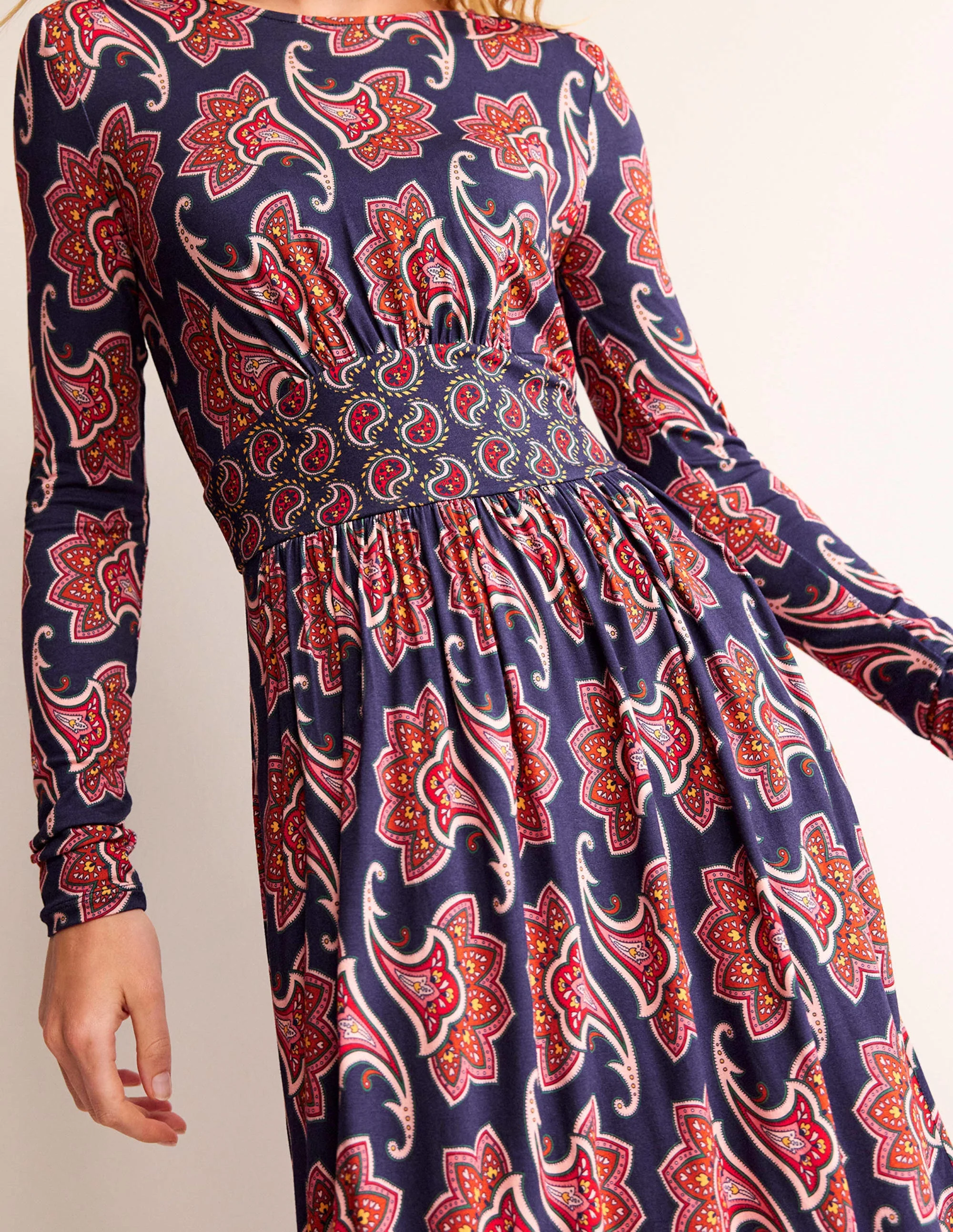 Thea Long Sleeve Midi Dress-French Navy, Paisley Amaryllis - Image 2