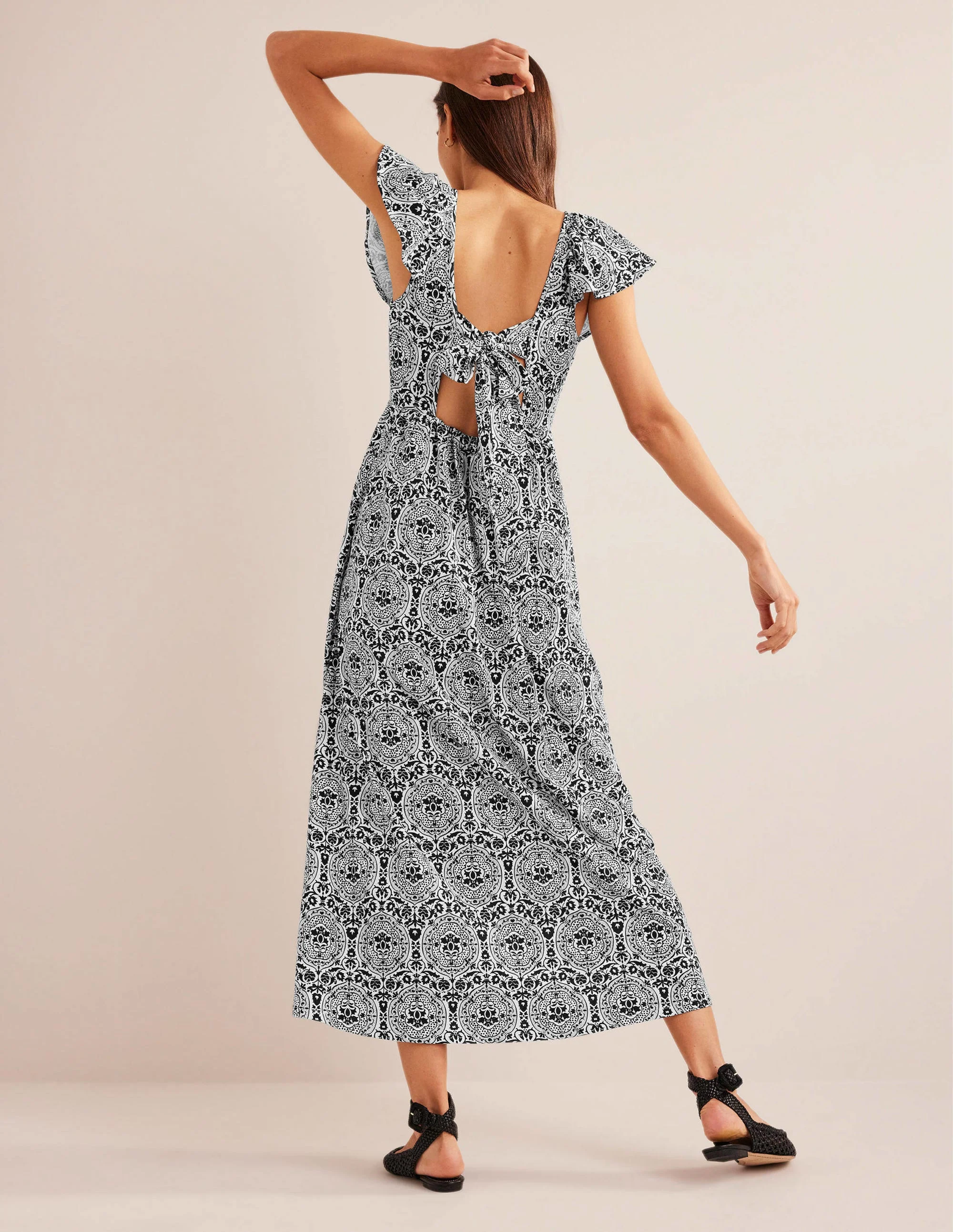 Tie Back Jersey Maxi Dress-Black, Exotic Tile - Image 3