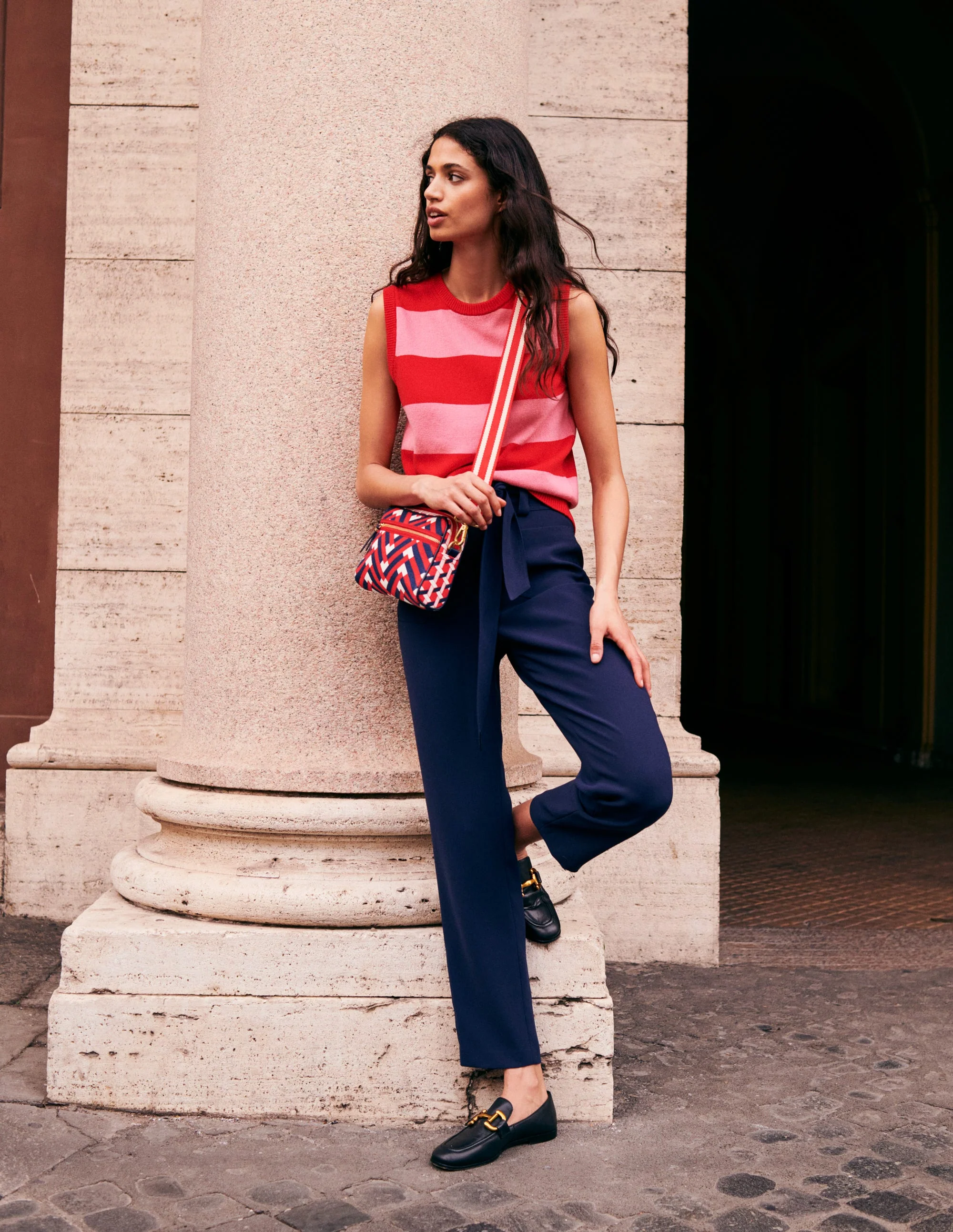 Tie-Waist Tapered Trousers-Navy - Image 5