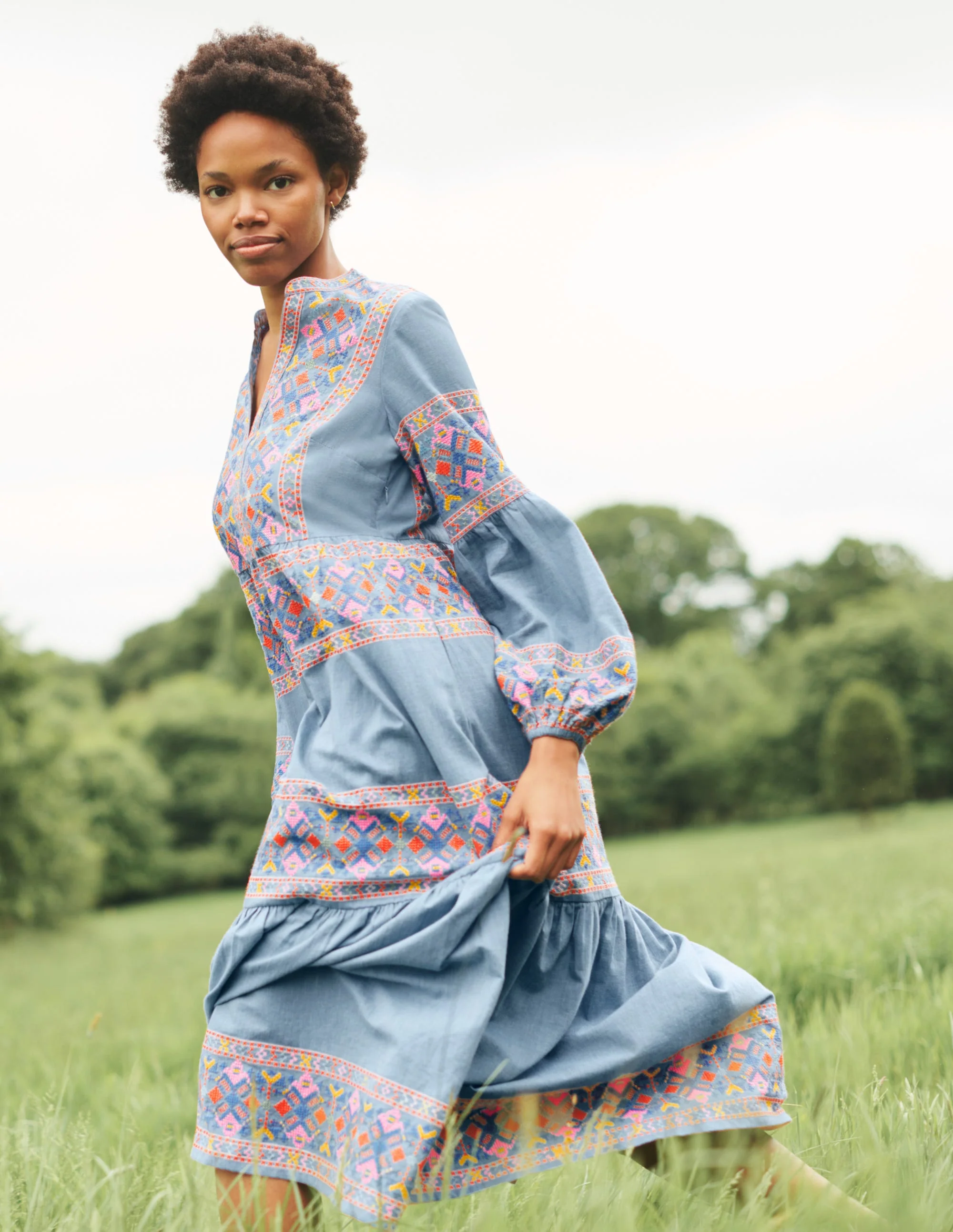 Tiered Embroidered Maxi Dress-Light Chambray - Image 7