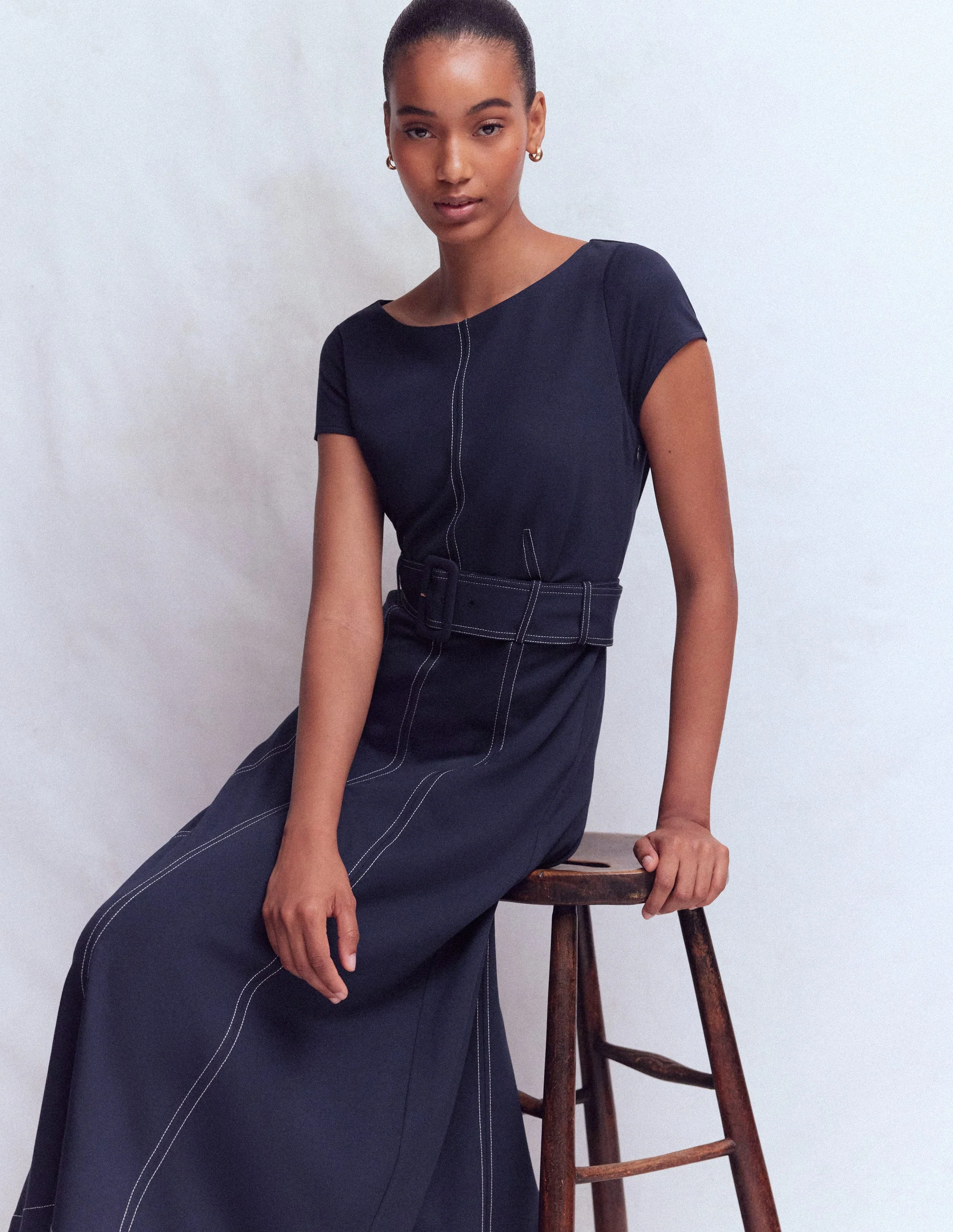 Topstitch Ponte Midi Dress-Navy - Image 5
