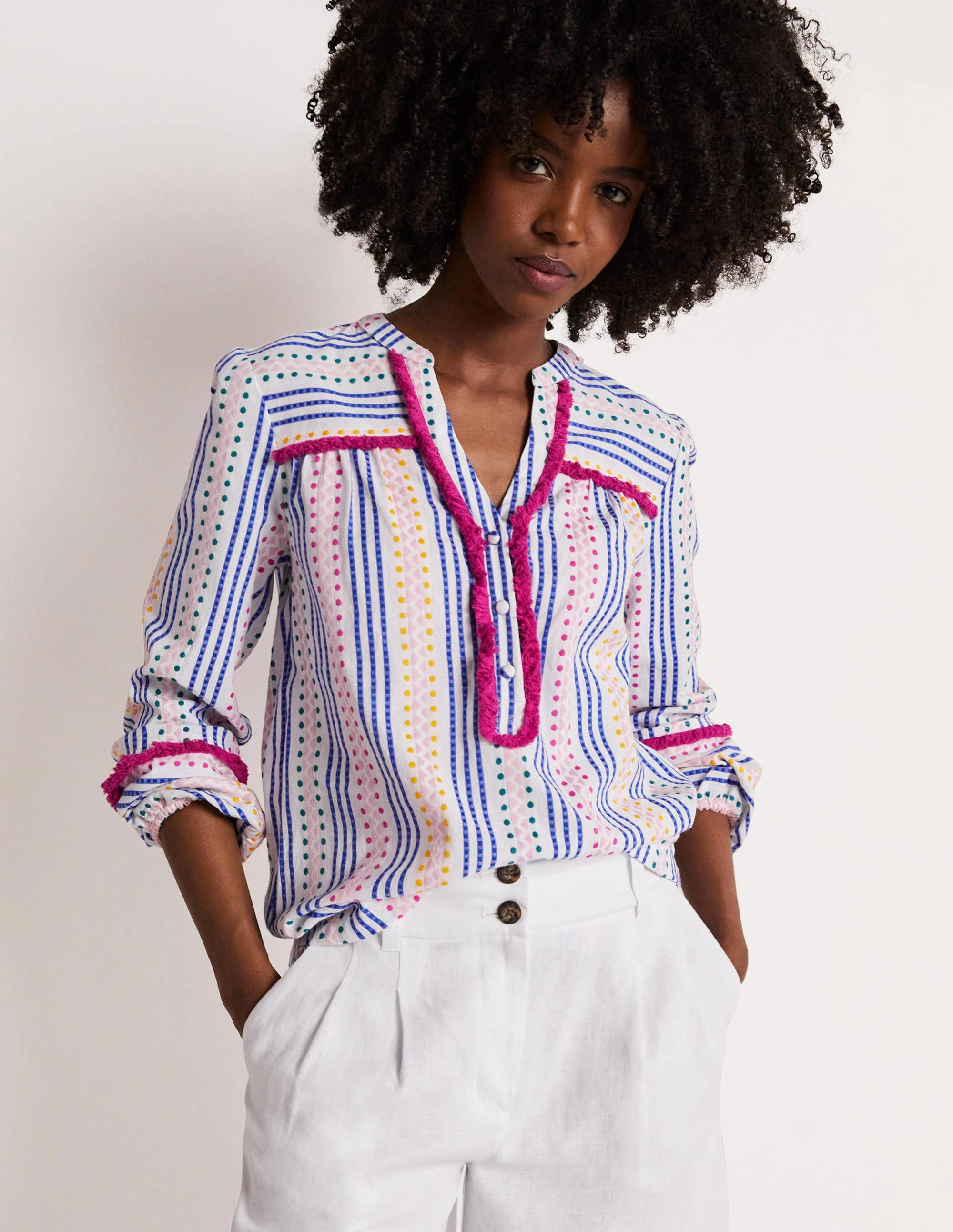 Trim Detail Cotton Top-Multi Dobby Stripe