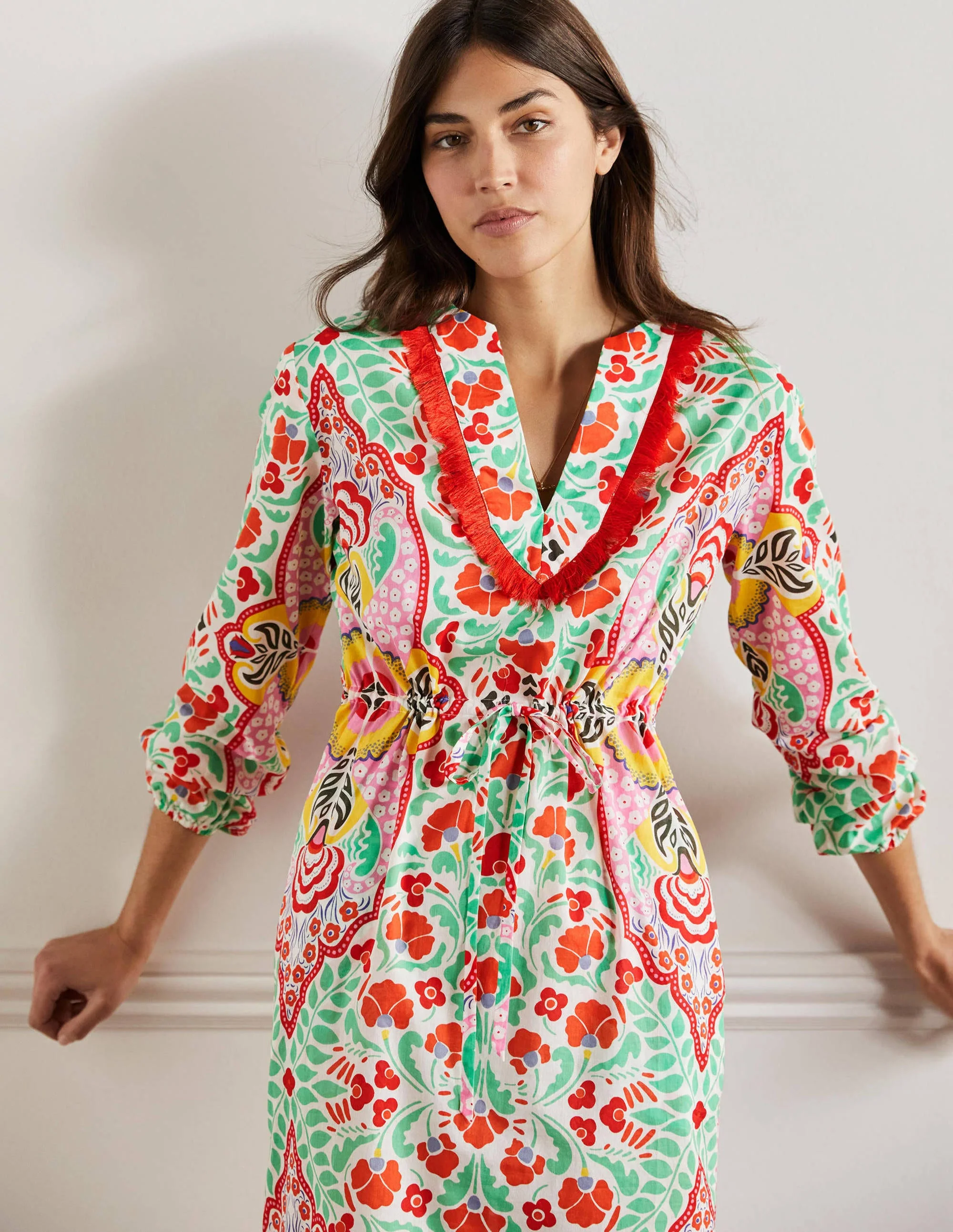 Trim Detail Kaftan Maxi Dress-Bright Papaya, Delicate Bud - Image 4
