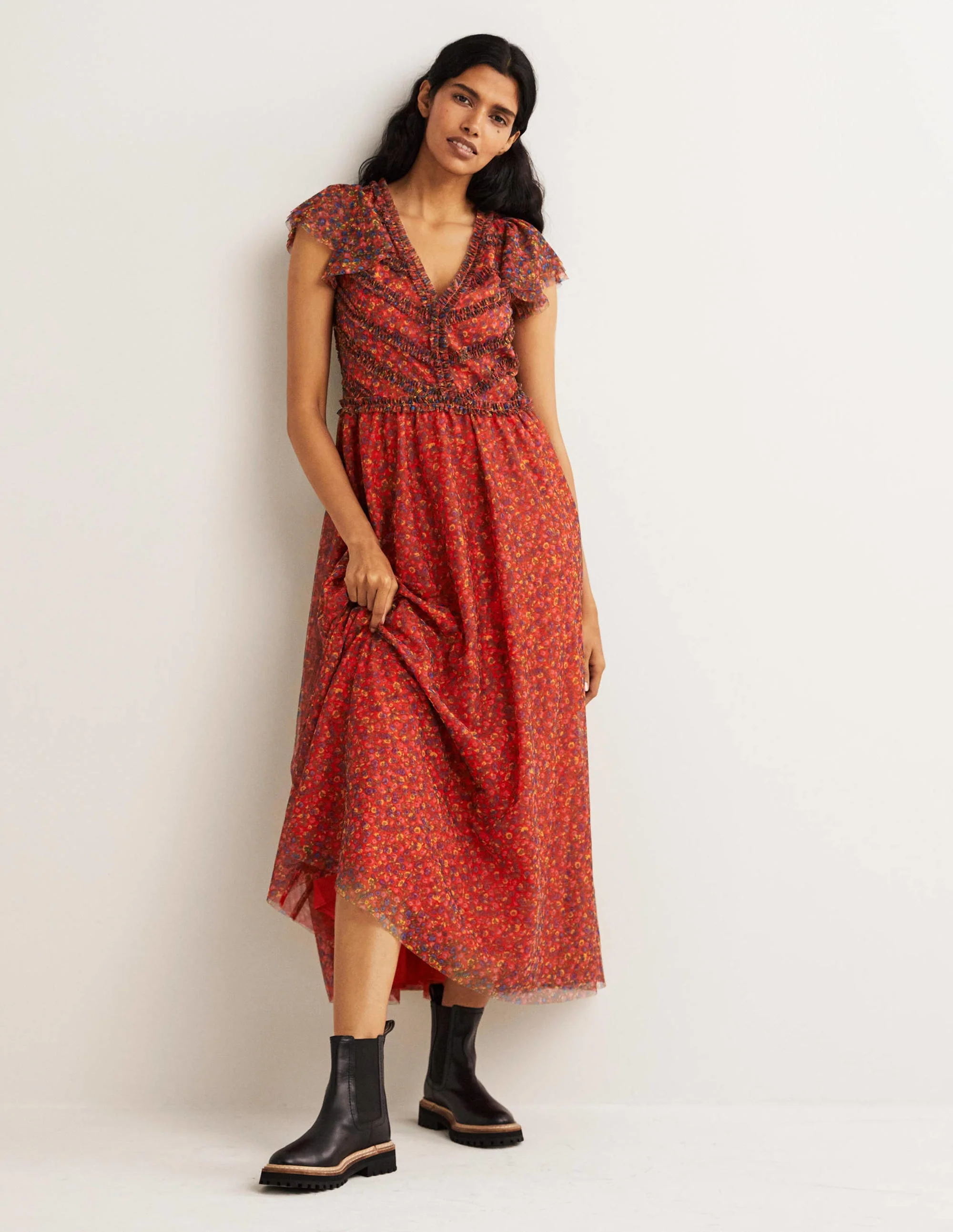 Tulle V-Neck Maxi Party Dress-Rocket Red, Floral Terrace