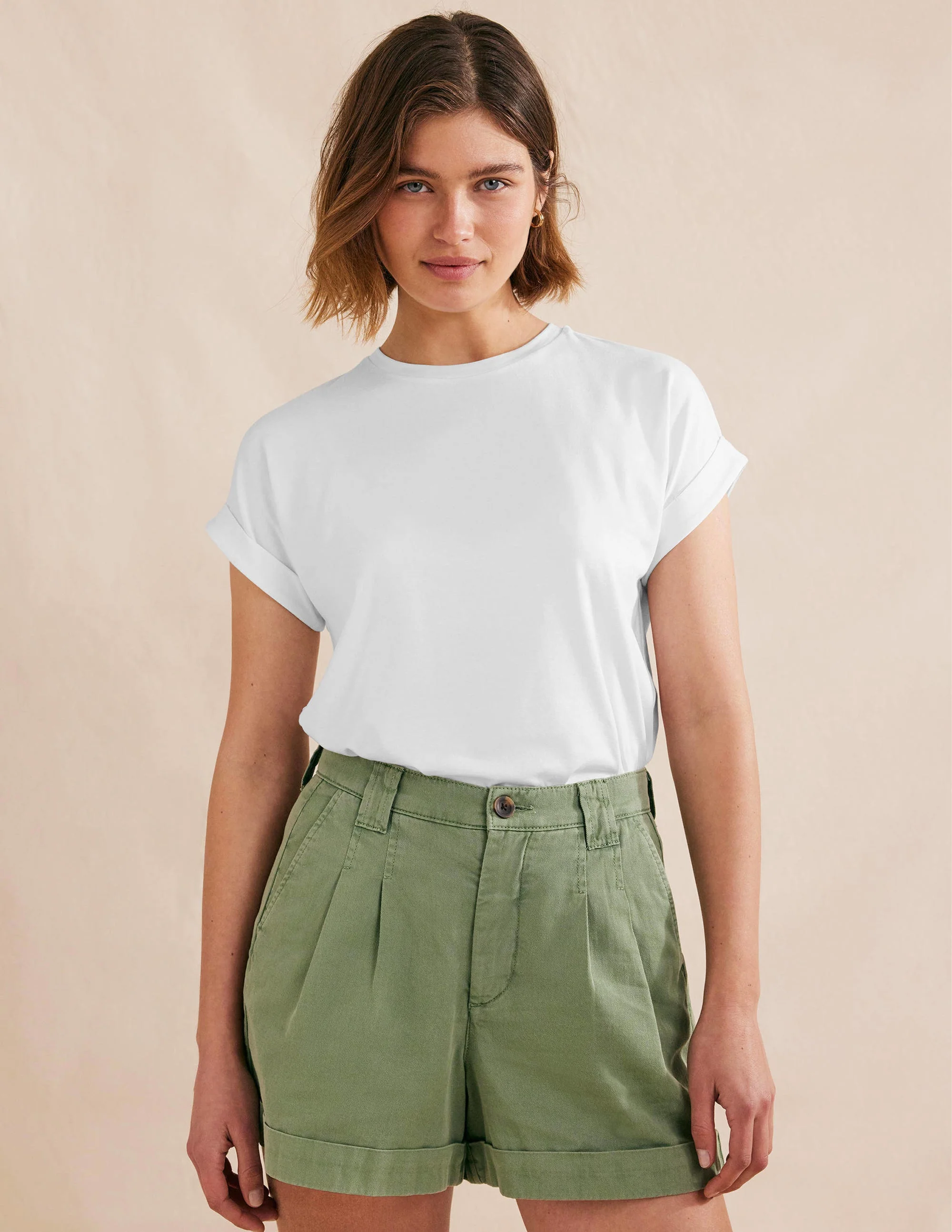 Turn Back Sleeve Crew T-Shirt-White