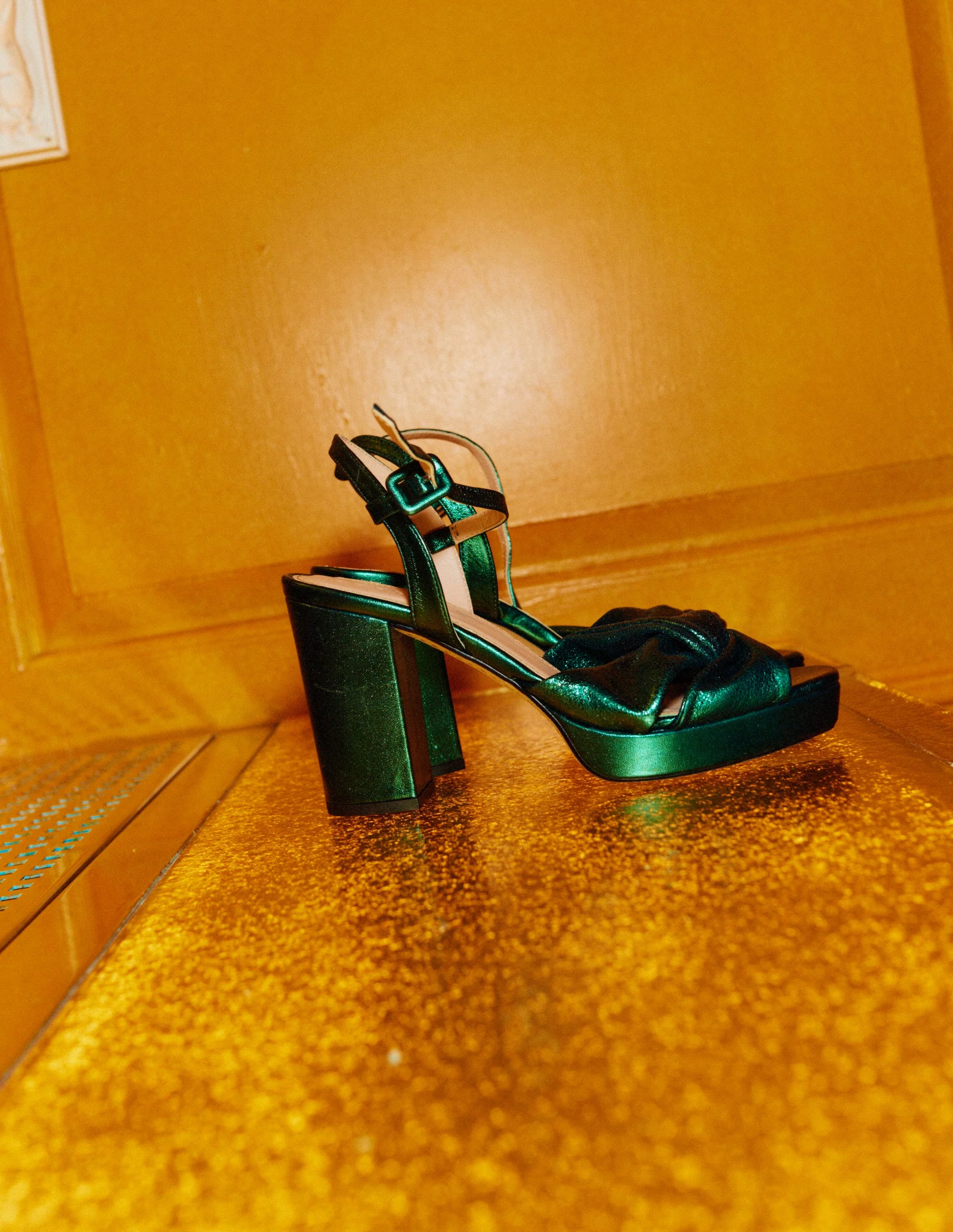 Twist-Front Heeled Platforms-Winter Green Metallic Leather - Image 5