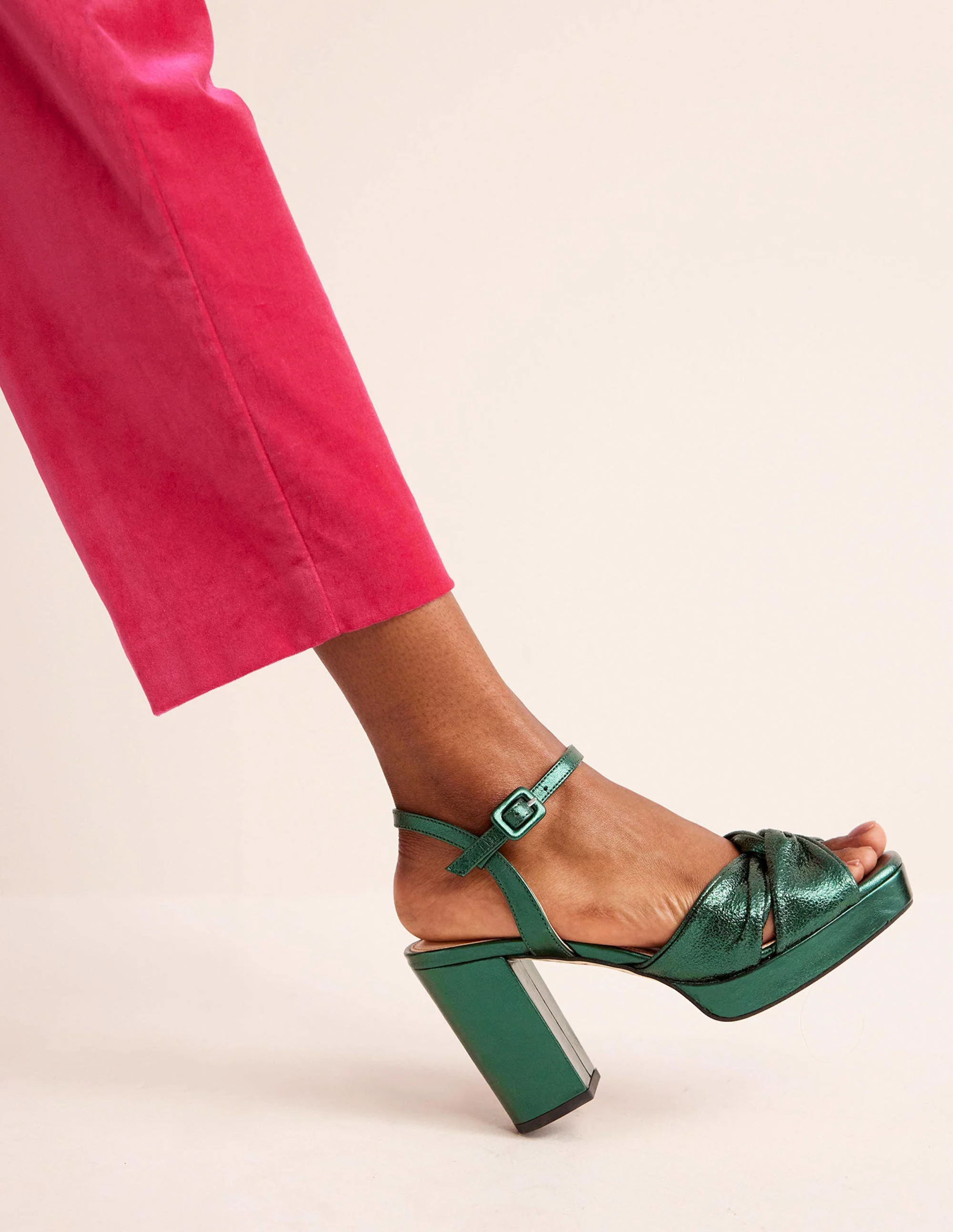 Twist-Front Heeled Platforms-Winter Green Metallic Leather - Image 4